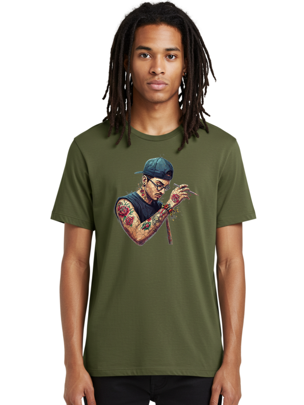 Tattooed-Man-2 Men'S Graphic Tee, 100% Cotton, Comfortable Casual Summer Wear, Machine Washable, Tattooed Man, Smoking Cigarette, Rose Tattoos, Geometric Art, Edgy Style, Urban Culture, Streetwear Inspiration, Cool Guy Bad830