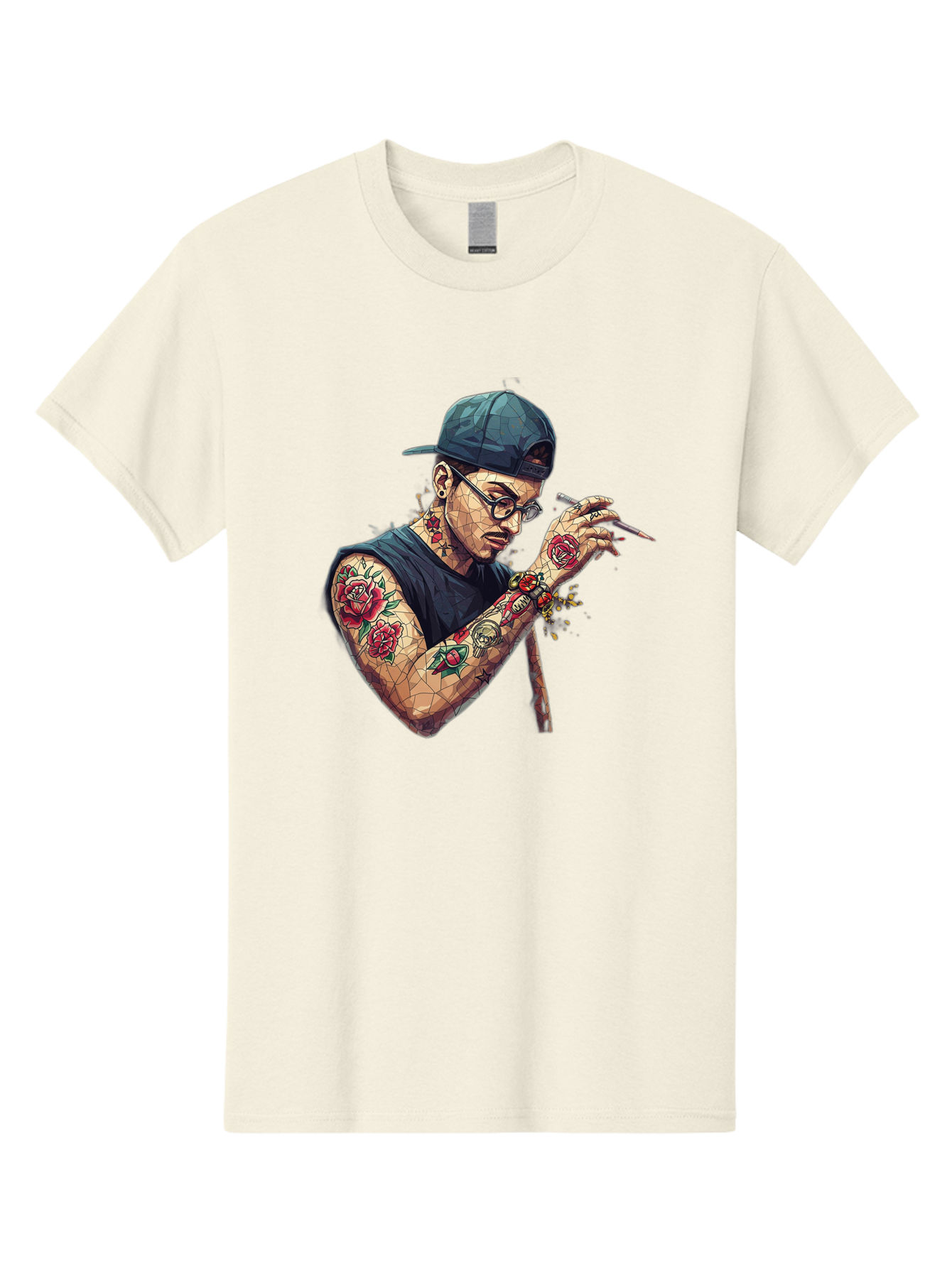 Tattooed-Man-2 Men'S Graphic Tee, 100% Cotton, Comfortable Casual Summer Wear, Machine Washable, Tattooed Man, Smoking Cigarette, Rose Tattoos, Geometric Art, Edgy Style, Urban Culture, Streetwear Inspiration, Cool Guy Bad830