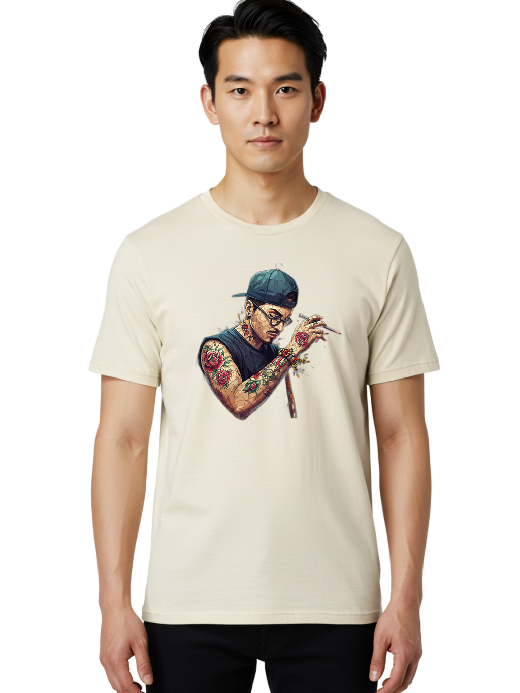 Tattooed-Man-2 Men'S Graphic Tee, 100% Cotton, Comfortable Casual Summer Wear, Machine Washable, Tattooed Man, Smoking Cigarette, Rose Tattoos, Geometric Art, Edgy Style, Urban Culture, Streetwear Inspiration, Cool Guy Bad830