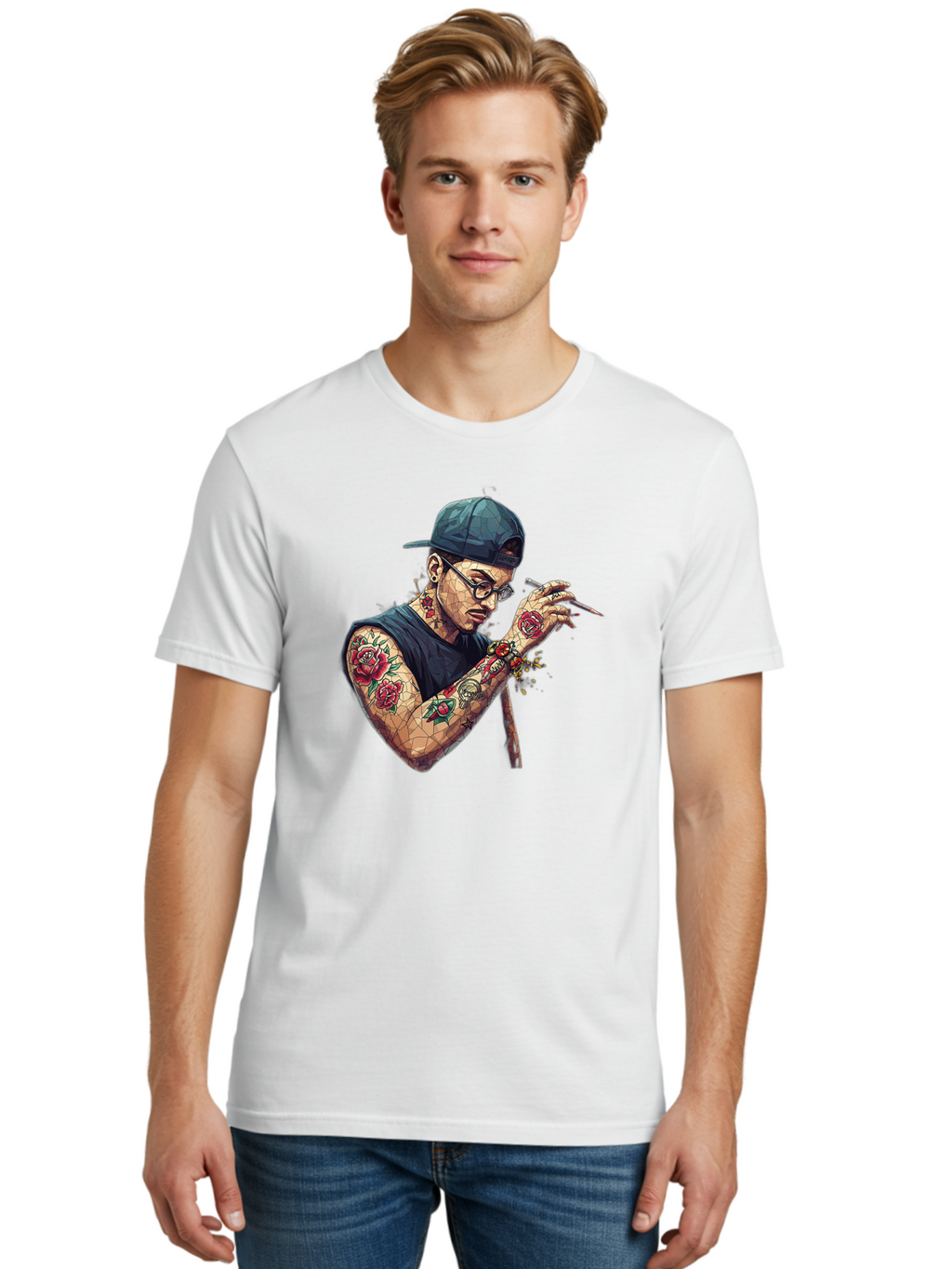 Tattooed-Man-2 Men'S Graphic Tee, 100% Cotton, Comfortable Casual Summer Wear, Machine Washable, Tattooed Man, Smoking Cigarette, Rose Tattoos, Geometric Art, Edgy Style, Urban Culture, Streetwear Inspiration, Cool Guy Bad830