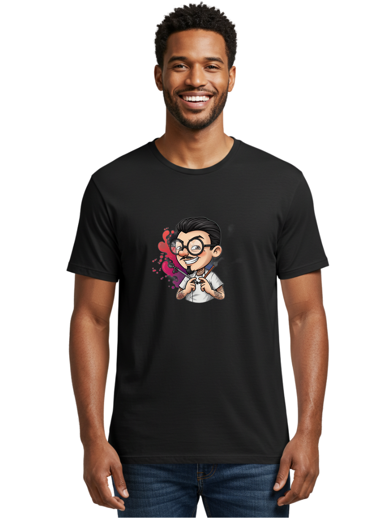 Tattooed-Man Men'S Graphic Tee, 100% Cotton, Comfortable Casual Summer Wear, Machine Washable, Tattoo Artist, Cartoon Character, Man With Glasses, Tattoo Machine, Ink Splatter, Creative Profession, Body Art, Tattoo Culture, Artistic Expression Bad831