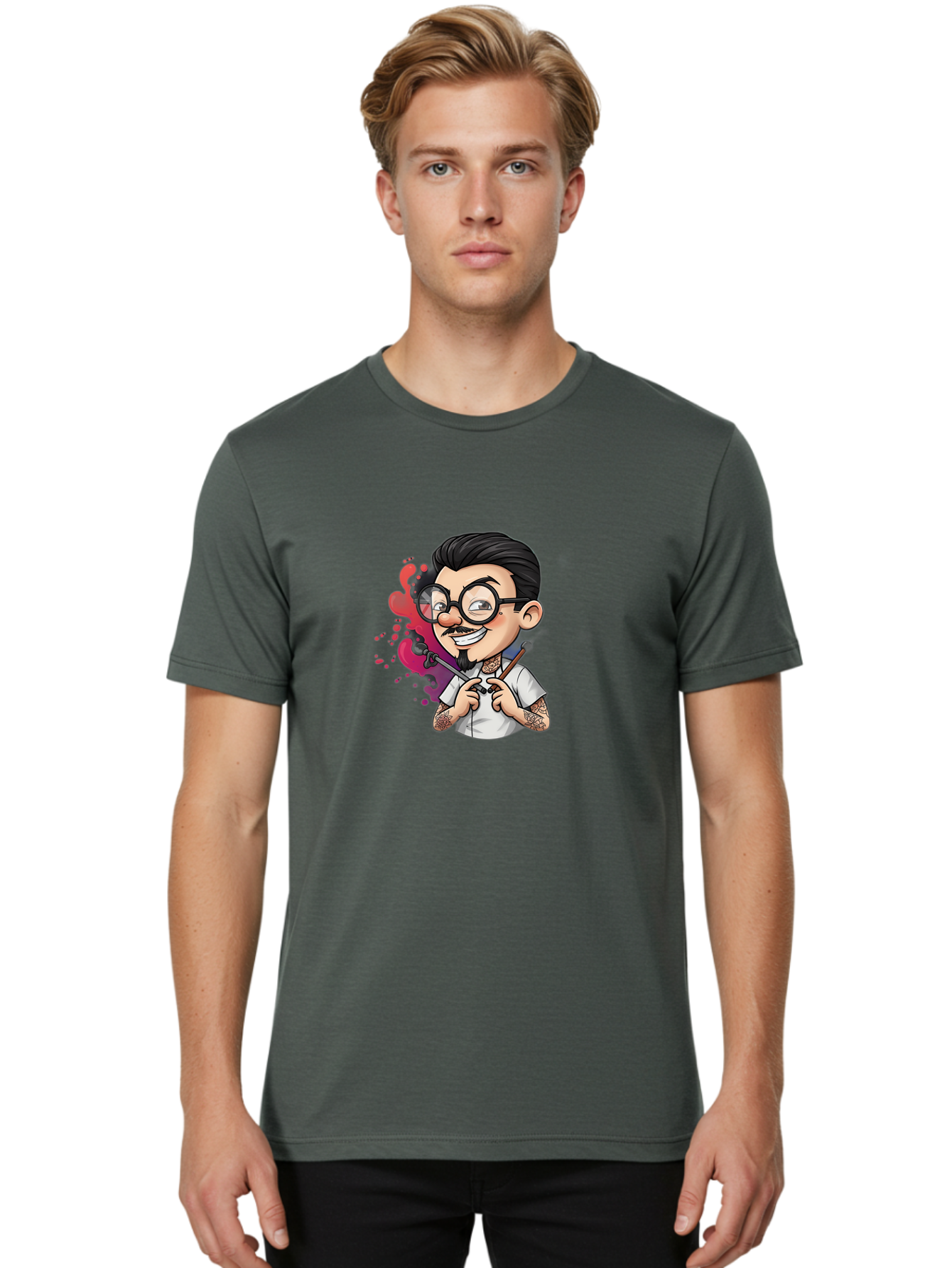 Tattooed-Man Men'S Graphic Tee, 100% Cotton, Comfortable Casual Summer Wear, Machine Washable, Tattoo Artist, Cartoon Character, Man With Glasses, Tattoo Machine, Ink Splatter, Creative Profession, Body Art, Tattoo Culture, Artistic Expression Bad831