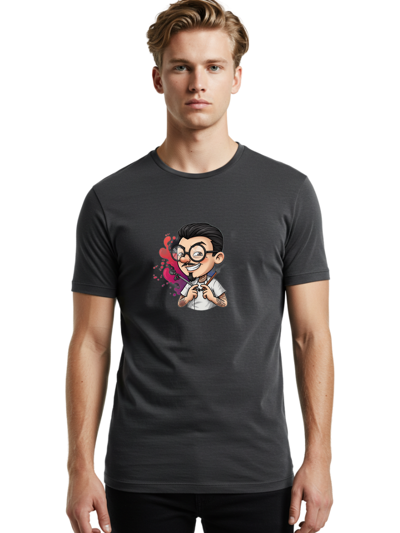 Tattooed-Man Men'S Graphic Tee, 100% Cotton, Comfortable Casual Summer Wear, Machine Washable, Tattoo Artist, Cartoon Character, Man With Glasses, Tattoo Machine, Ink Splatter, Creative Profession, Body Art, Tattoo Culture, Artistic Expression Bad831