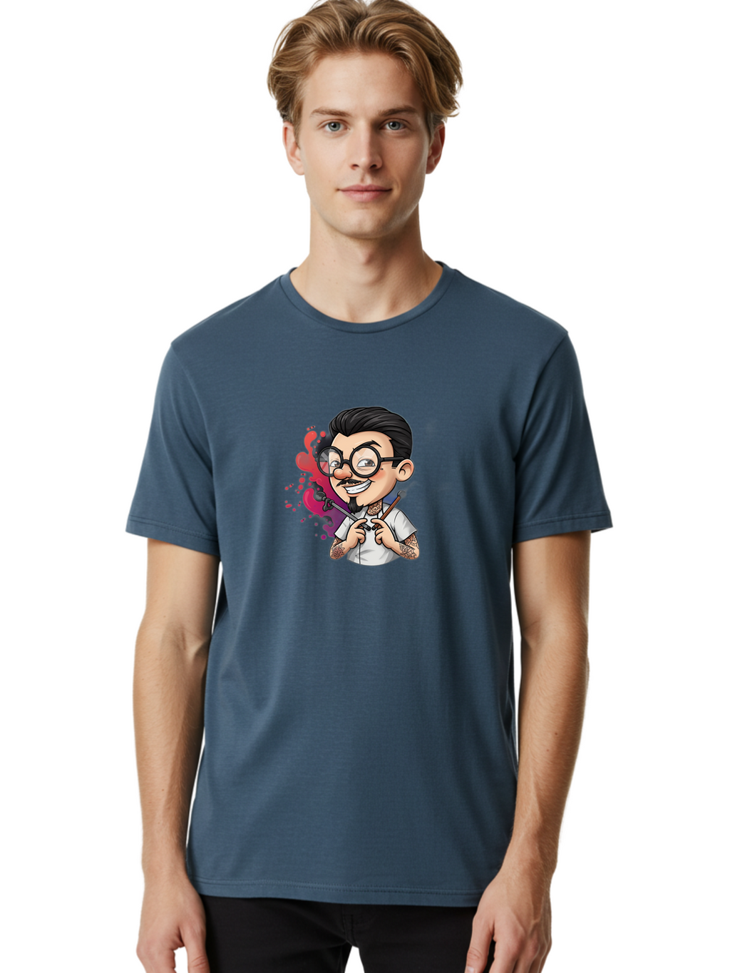 Tattooed-Man Men'S Graphic Tee, 100% Cotton, Comfortable Casual Summer Wear, Machine Washable, Tattoo Artist, Cartoon Character, Man With Glasses, Tattoo Machine, Ink Splatter, Creative Profession, Body Art, Tattoo Culture, Artistic Expression Bad831