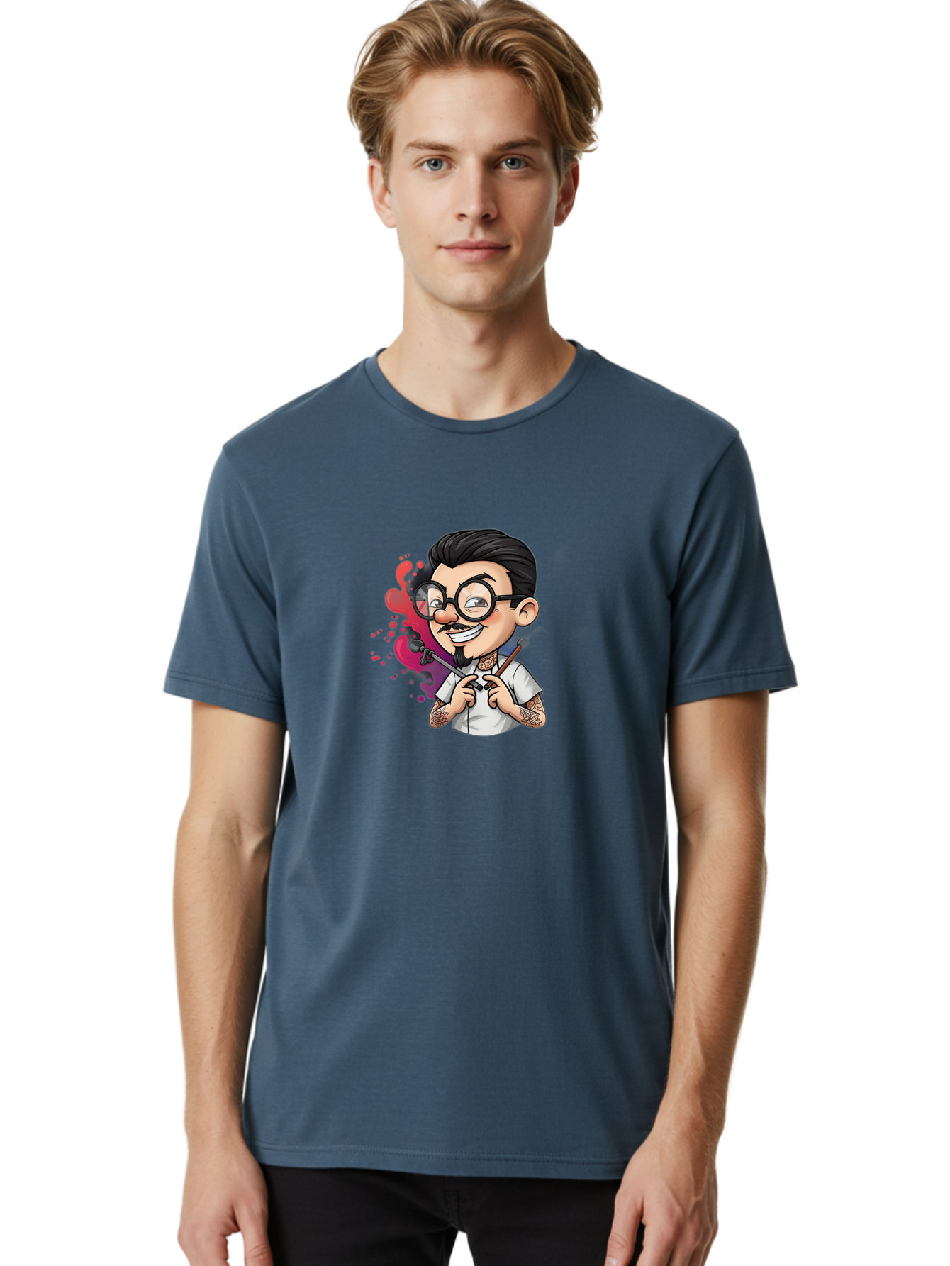 Tattooed-Man Men'S Graphic Tee, 100% Cotton, Comfortable Casual Summer Wear, Machine Washable, Tattoo Artist, Cartoon Character, Man With Glasses, Tattoo Machine, Ink Splatter, Creative Profession, Body Art, Tattoo Culture, Artistic Expression Bad831