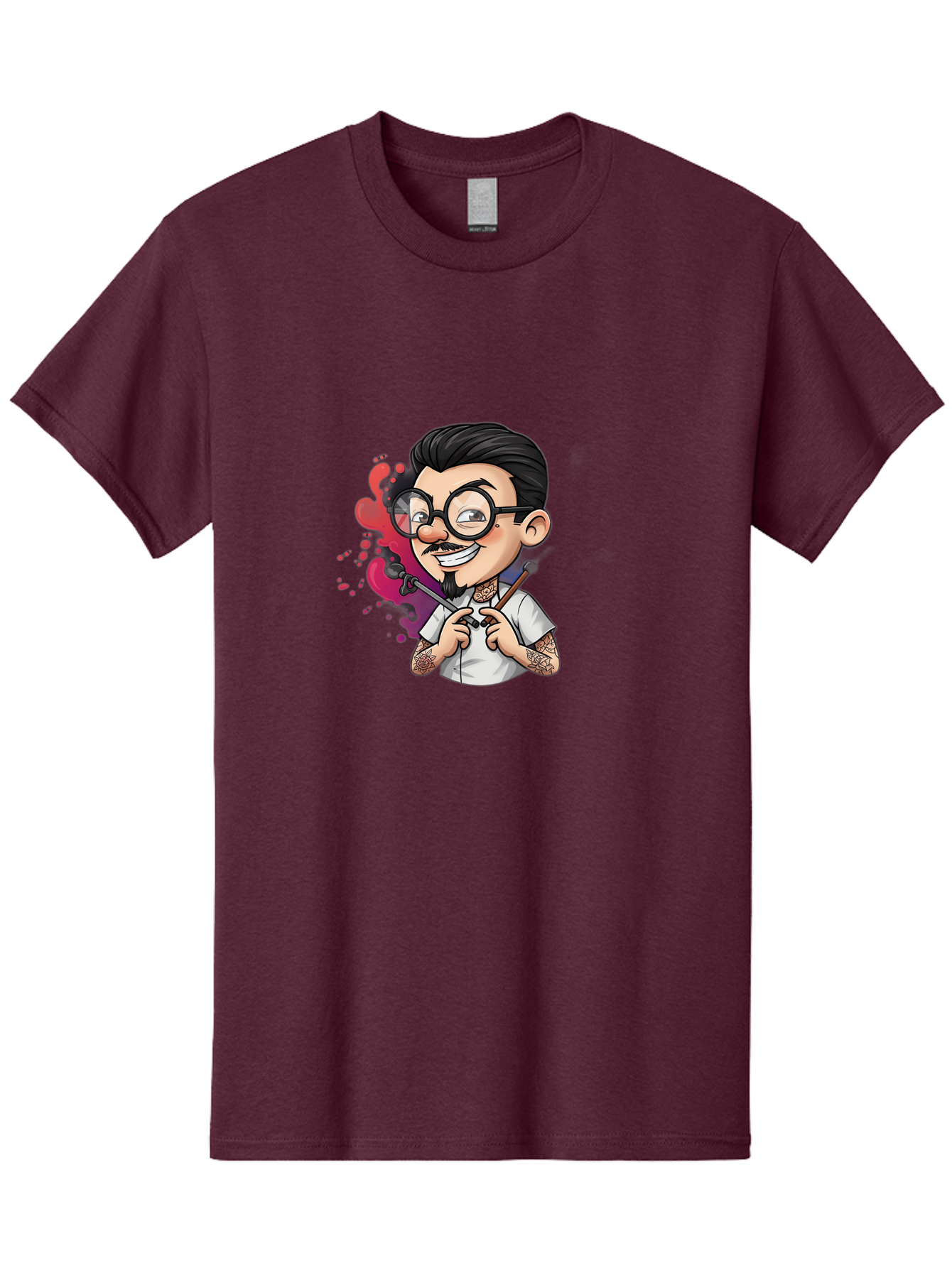 Tattooed-Man Men'S Graphic Tee, 100% Cotton, Comfortable Casual Summer Wear, Machine Washable, Tattoo Artist, Cartoon Character, Man With Glasses, Tattoo Machine, Ink Splatter, Creative Profession, Body Art, Tattoo Culture, Artistic Expression Bad831