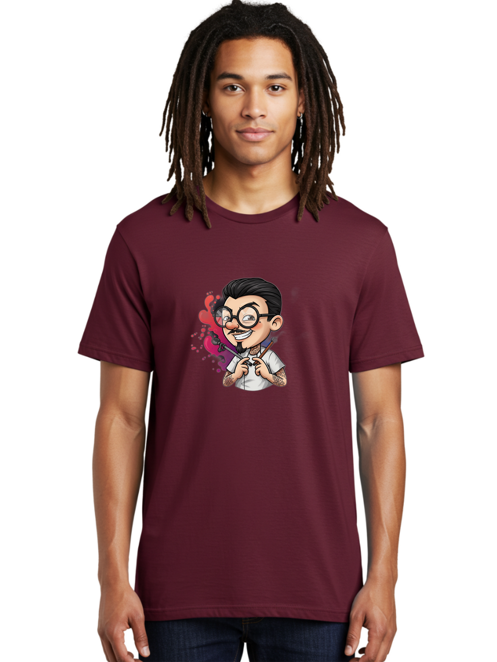 Tattooed-Man Men'S Graphic Tee, 100% Cotton, Comfortable Casual Summer Wear, Machine Washable, Tattoo Artist, Cartoon Character, Man With Glasses, Tattoo Machine, Ink Splatter, Creative Profession, Body Art, Tattoo Culture, Artistic Expression Bad831