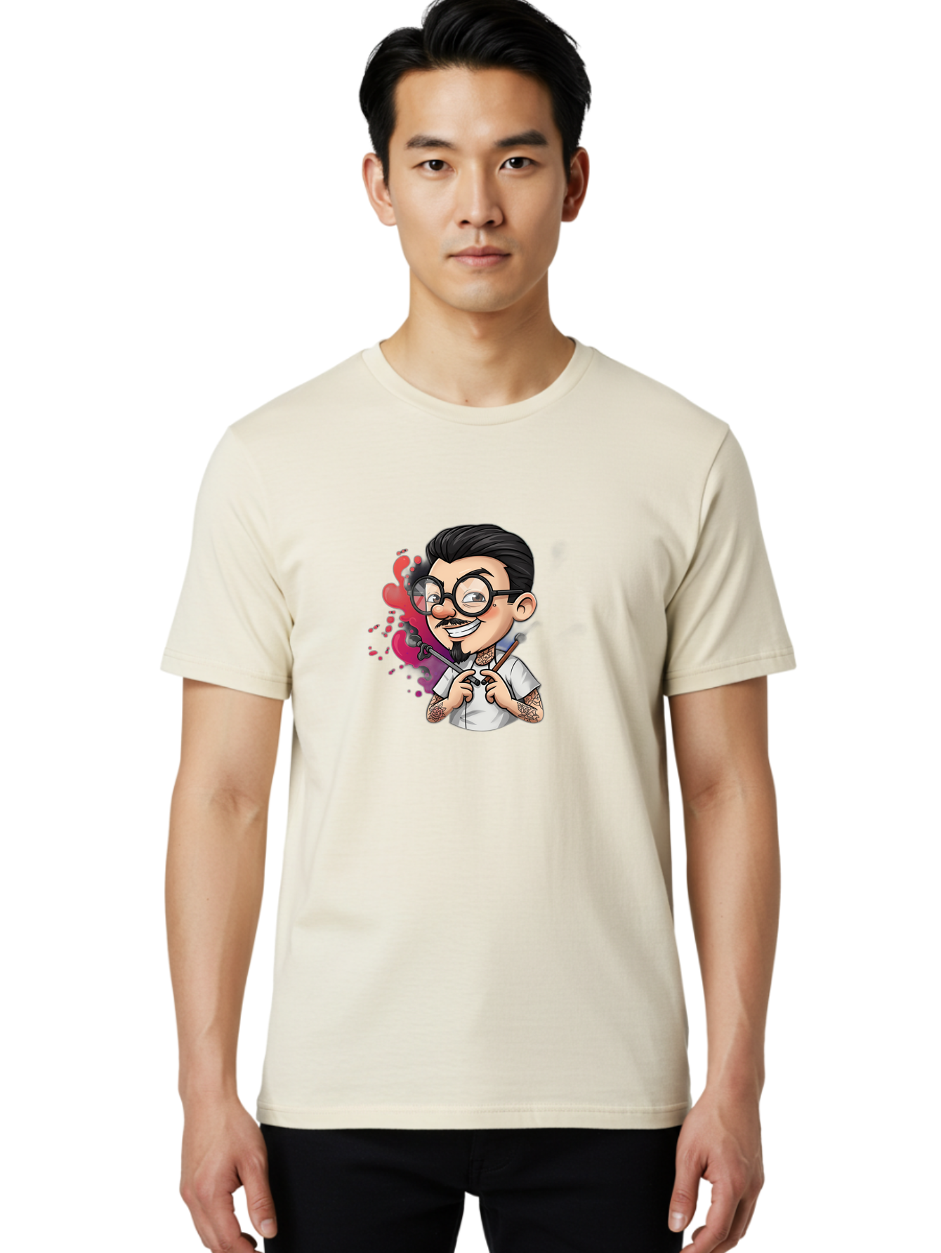 Tattooed-Man Men'S Graphic Tee, 100% Cotton, Comfortable Casual Summer Wear, Machine Washable, Tattoo Artist, Cartoon Character, Man With Glasses, Tattoo Machine, Ink Splatter, Creative Profession, Body Art, Tattoo Culture, Artistic Expression Bad831