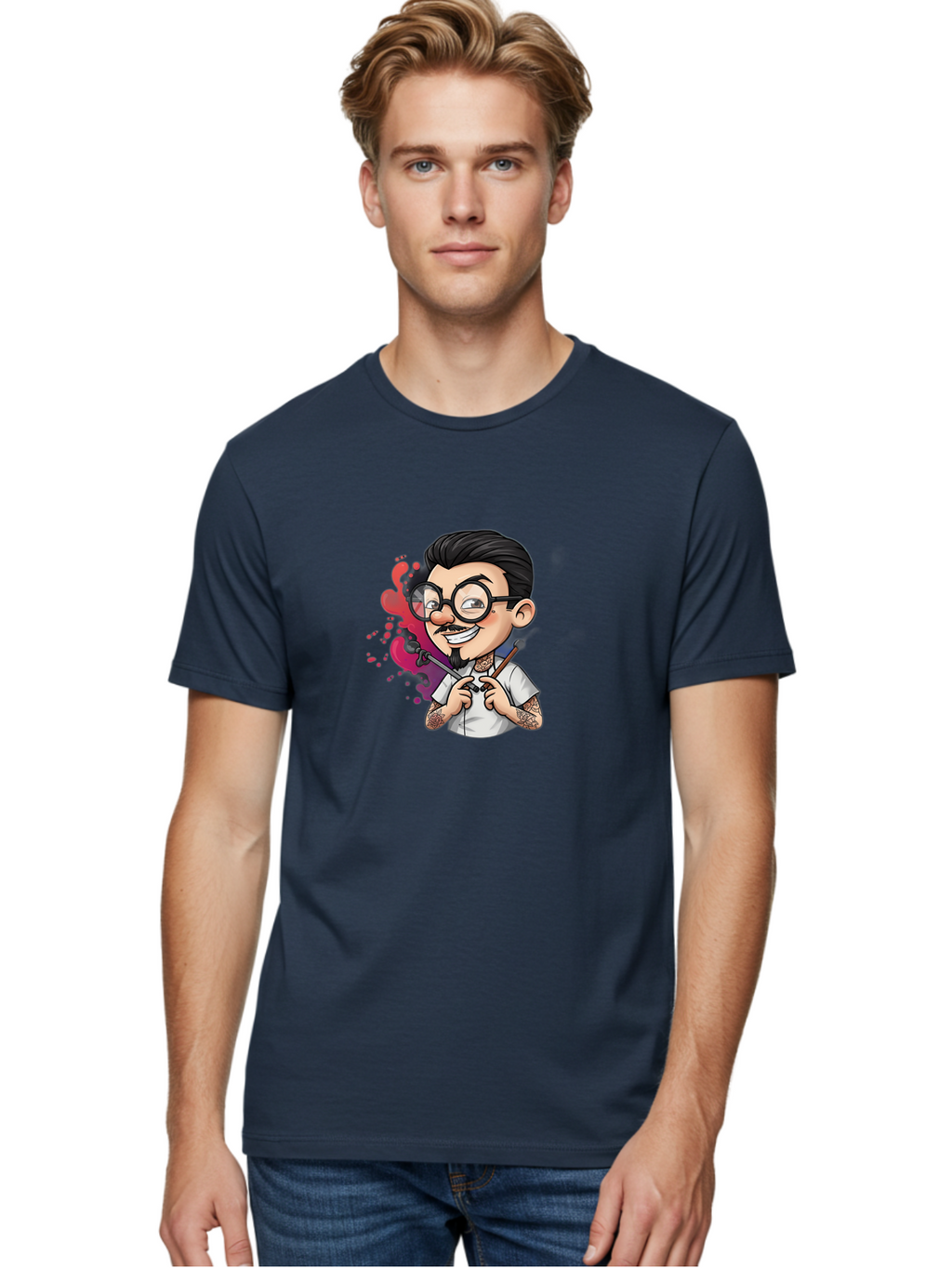 Tattooed-Man Men'S Graphic Tee, 100% Cotton, Comfortable Casual Summer Wear, Machine Washable, Tattoo Artist, Cartoon Character, Man With Glasses, Tattoo Machine, Ink Splatter, Creative Profession, Body Art, Tattoo Culture, Artistic Expression Bad831