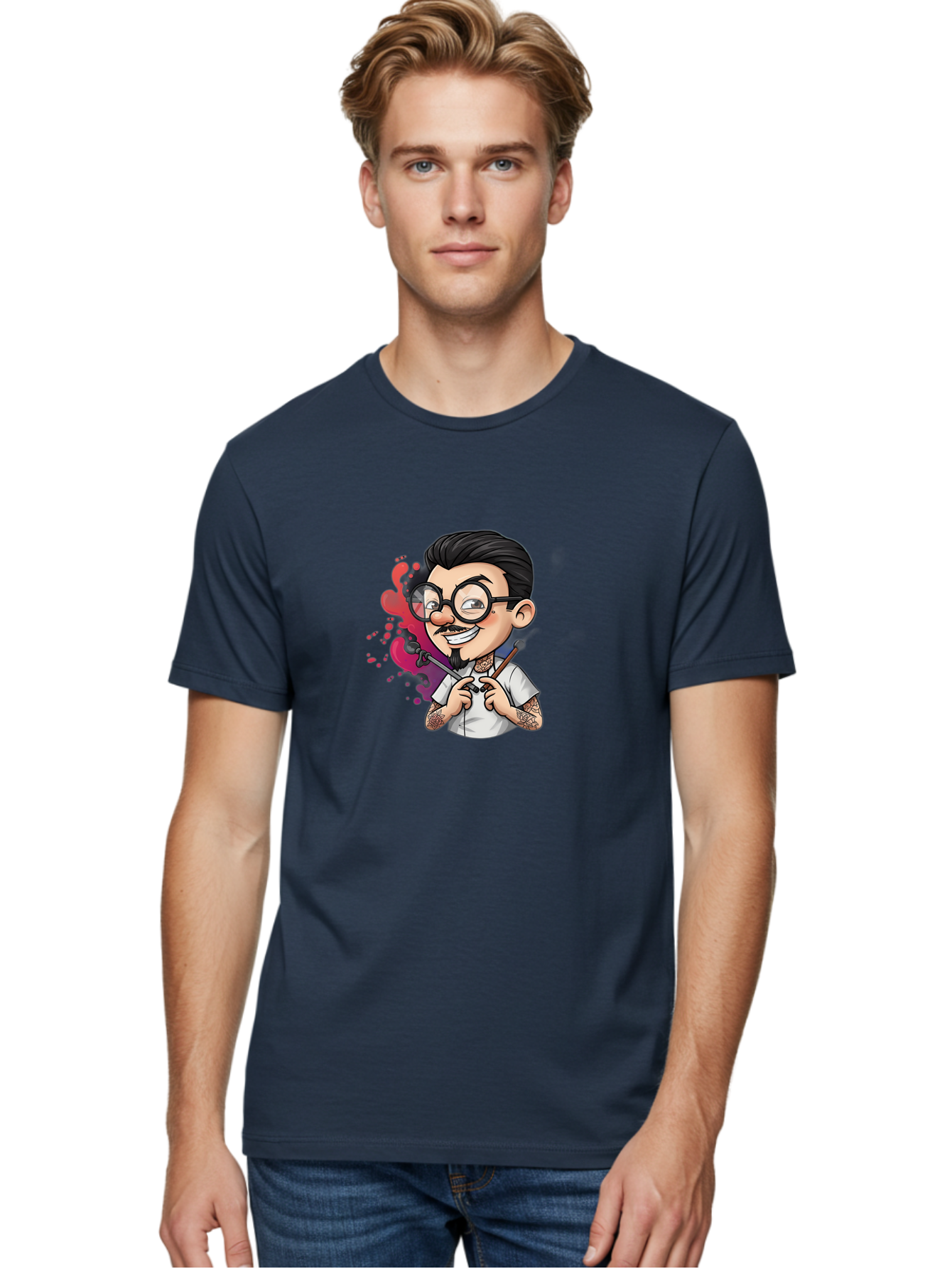 Tattooed-Man Men'S Graphic Tee, 100% Cotton, Comfortable Casual Summer Wear, Machine Washable, Tattoo Artist, Cartoon Character, Man With Glasses, Tattoo Machine, Ink Splatter, Creative Profession, Body Art, Tattoo Culture, Artistic Expression Bad831