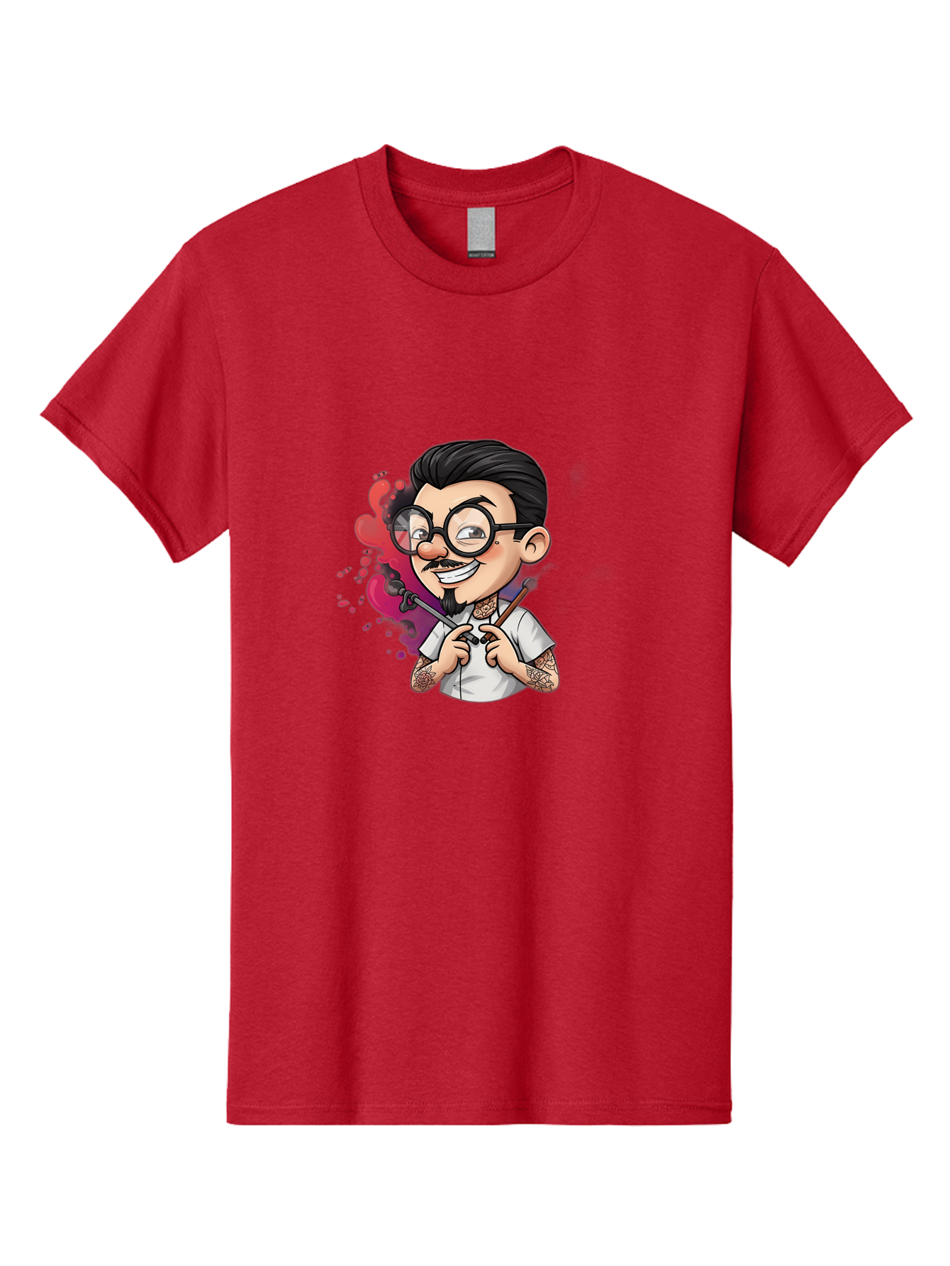 Tattooed-Man Men'S Graphic Tee, 100% Cotton, Comfortable Casual Summer Wear, Machine Washable, Tattoo Artist, Cartoon Character, Man With Glasses, Tattoo Machine, Ink Splatter, Creative Profession, Body Art, Tattoo Culture, Artistic Expression Bad831