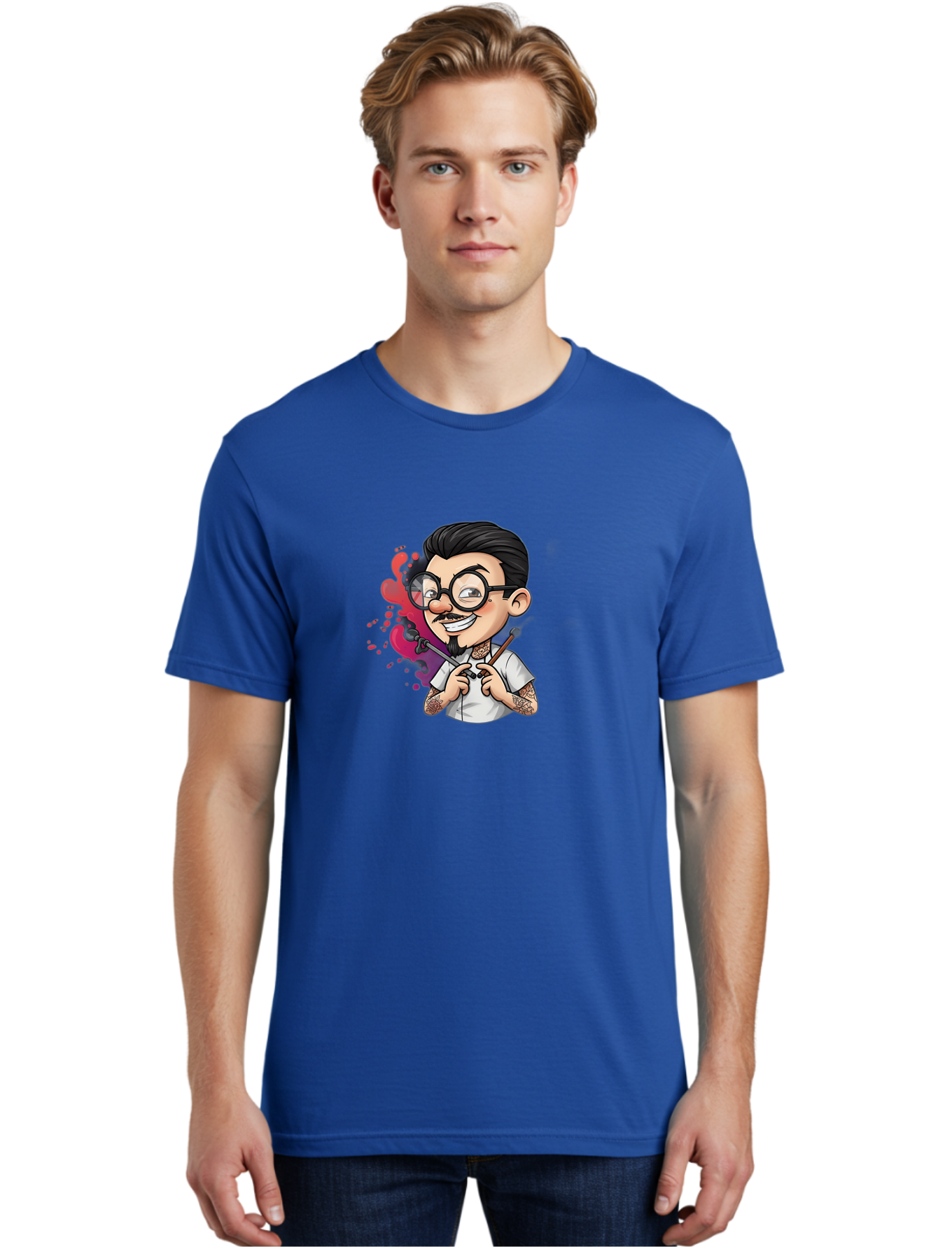 Tattooed-Man Men'S Graphic Tee, 100% Cotton, Comfortable Casual Summer Wear, Machine Washable, Tattoo Artist, Cartoon Character, Man With Glasses, Tattoo Machine, Ink Splatter, Creative Profession, Body Art, Tattoo Culture, Artistic Expression Bad831