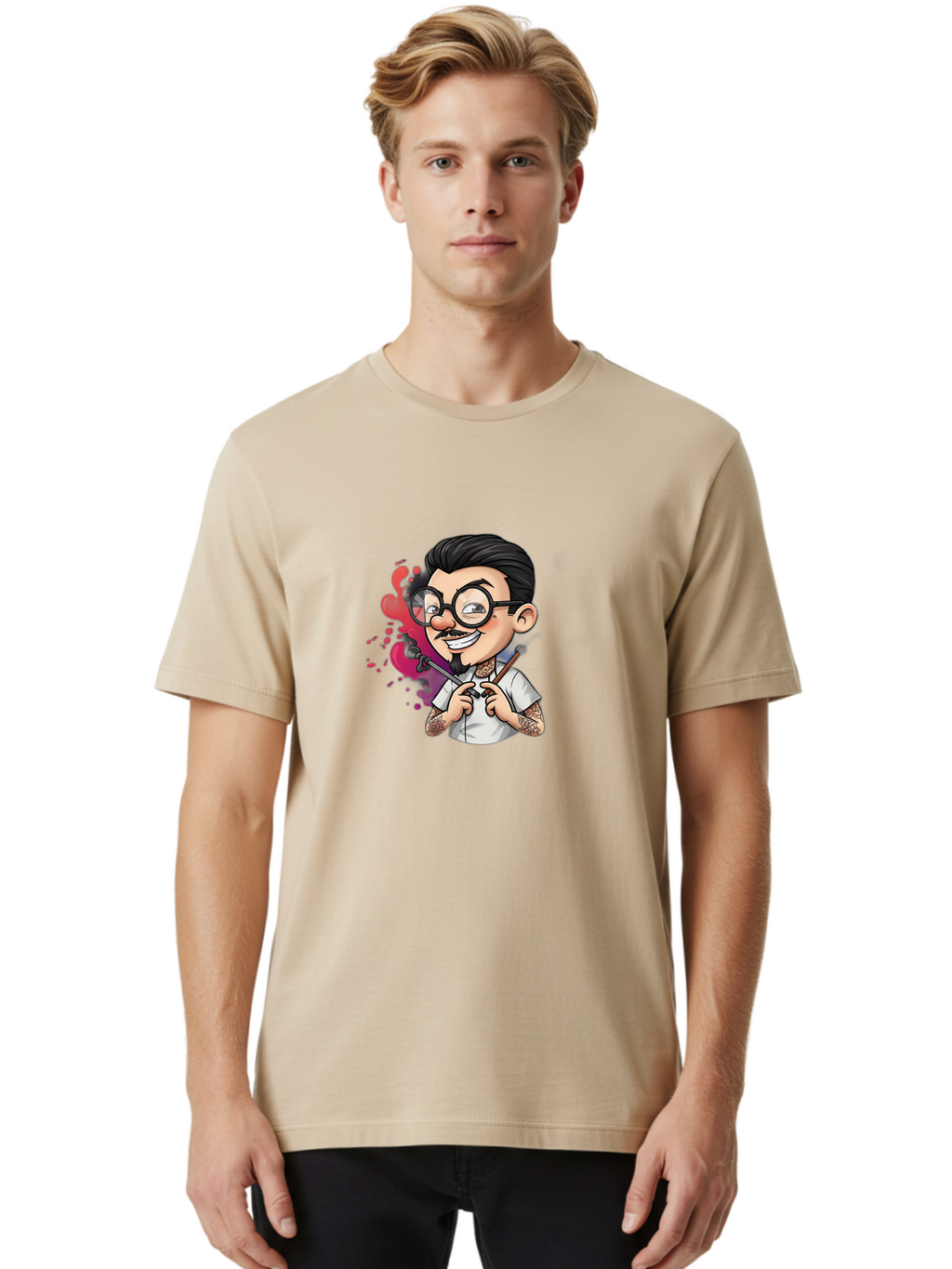 Tattooed-Man Men'S Graphic Tee, 100% Cotton, Comfortable Casual Summer Wear, Machine Washable, Tattoo Artist, Cartoon Character, Man With Glasses, Tattoo Machine, Ink Splatter, Creative Profession, Body Art, Tattoo Culture, Artistic Expression Bad831