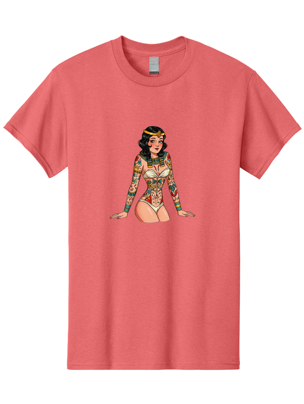 Tattooed-Pinup-Girl Men'S Graphic Tee, 100% Cotton, Comfortable Casual Summer Wear, Machine Washable, Pin-Up Girl Illustration, Tattoo Art, Body Art, Vintage Style, Erotic Art, Colorful Tattoos, White Swimsuit, Kneeling Pose, Ancient Jewelry, Bad832