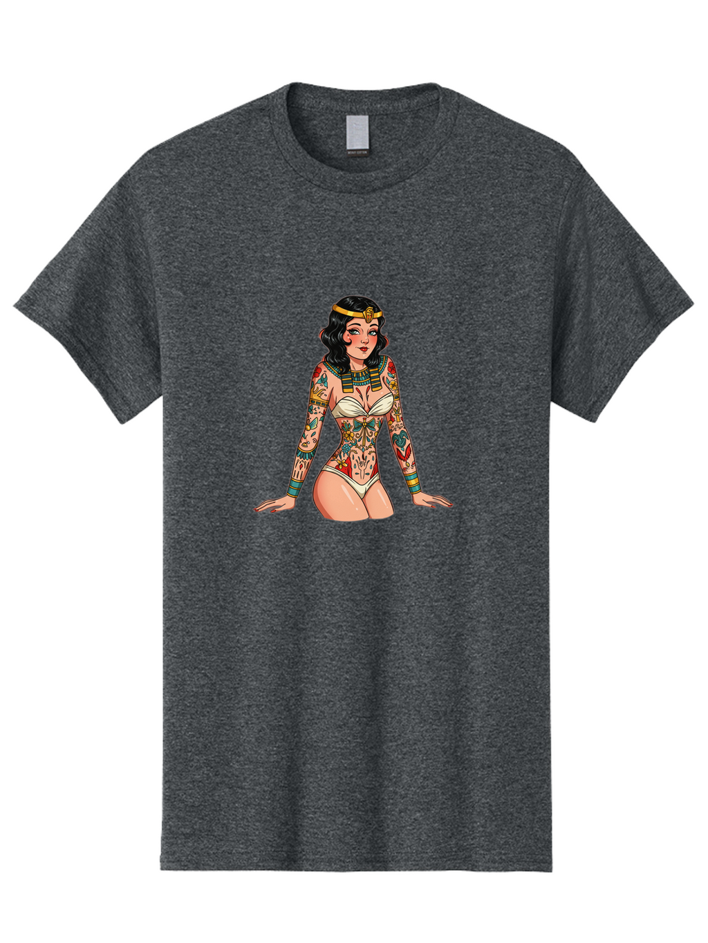 Tattooed-Pinup-Girl Men'S Graphic Tee, 100% Cotton, Comfortable Casual Summer Wear, Machine Washable, Pin-Up Girl Illustration, Tattoo Art, Body Art, Vintage Style, Erotic Art, Colorful Tattoos, White Swimsuit, Kneeling Pose, Ancient Jewelry, Bad832