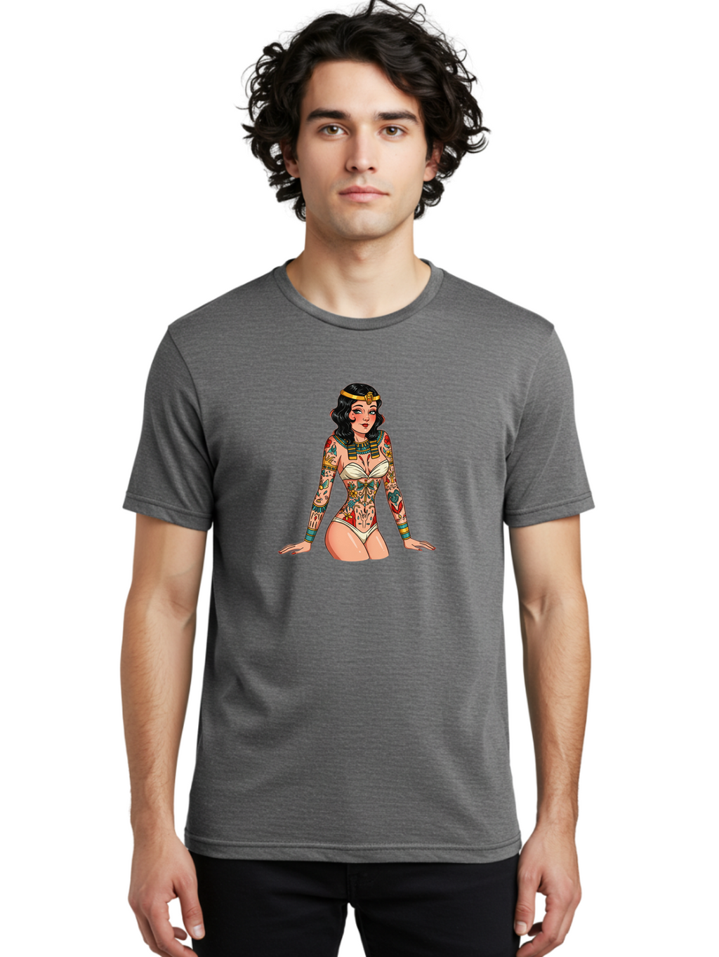 Tattooed-Pinup-Girl Men'S Graphic Tee, 100% Cotton, Comfortable Casual Summer Wear, Machine Washable, Pin-Up Girl Illustration, Tattoo Art, Body Art, Vintage Style, Erotic Art, Colorful Tattoos, White Swimsuit, Kneeling Pose, Ancient Jewelry, Bad832
