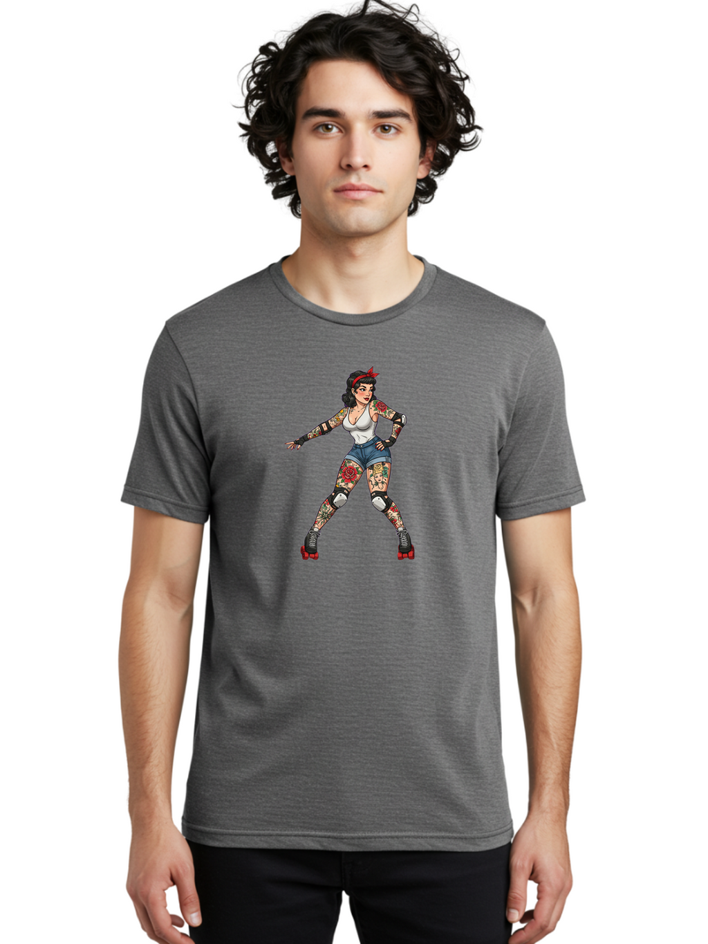 Tattooed-Roller-Girl Men'S Graphic Tee, 100% Cotton, Comfortable Casual Summer Wear, Machine Washable, Pin-Up Girl, Roller Skater, Tattoos, Retro Style, Vintage Charm, Roller Skating, Body Art, Female Empowerment, Graphic Design, Bad833