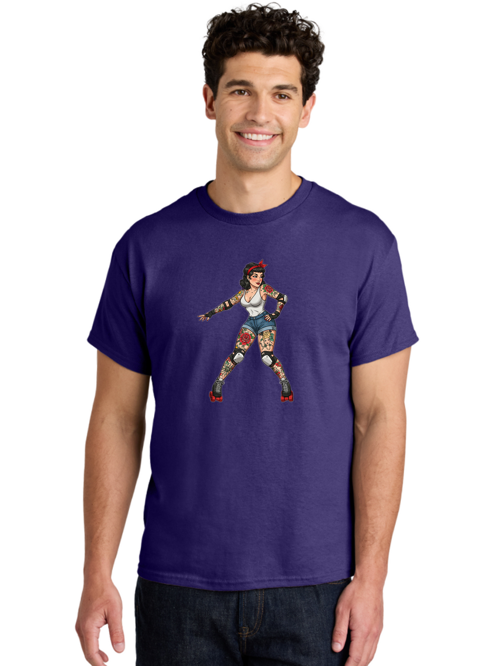 Tattooed-Roller-Girl Men'S Graphic Tee, 100% Cotton, Comfortable Casual Summer Wear, Machine Washable, Pin-Up Girl, Roller Skater, Tattoos, Retro Style, Vintage Charm, Roller Skating, Body Art, Female Empowerment, Graphic Design, Bad833
