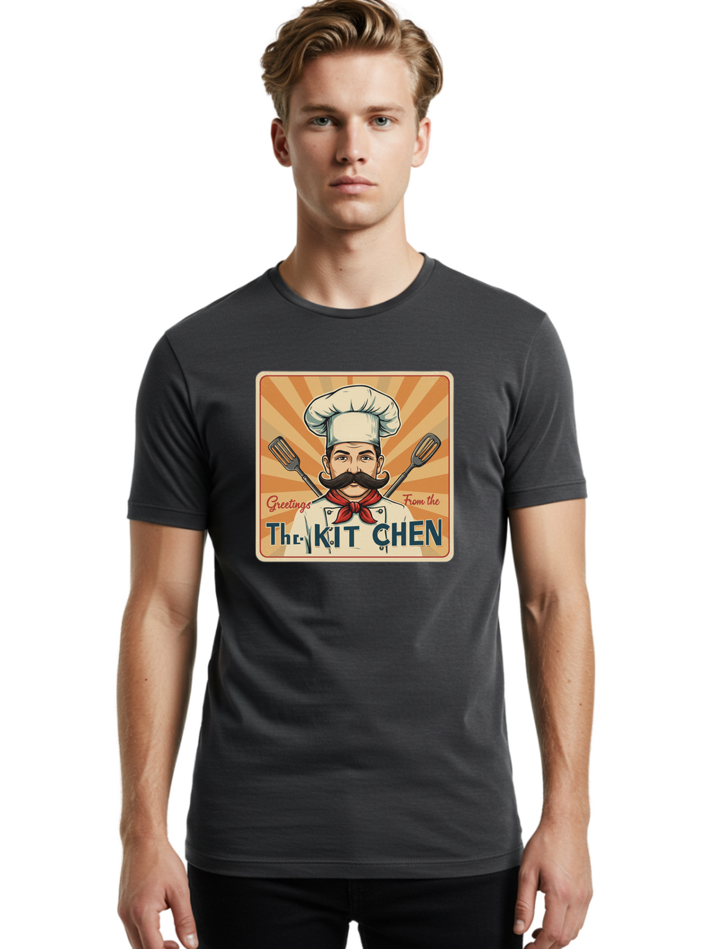 The-Kit-Chen Men'S Graphic Tee, 100% Cotton, Comfortable Casual Summer Wear, Machine Washable, Cartoon Chef, Mustachioed Man, Cooking Utensils, Kitchen Theme, Retro Style, Playful Graphics, Chef'S Hat, Red Neckerchief, Warm Colors, Bad835