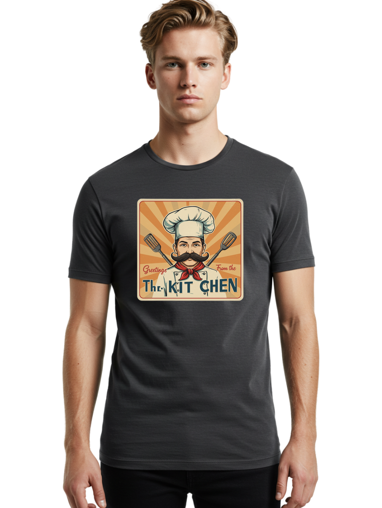 The-Kit-Chen Men'S Graphic Tee, 100% Cotton, Comfortable Casual Summer Wear, Machine Washable, Cartoon Chef, Mustachioed Man, Cooking Utensils, Kitchen Theme, Retro Style, Playful Graphics, Chef'S Hat, Red Neckerchief, Warm Colors, Bad835
