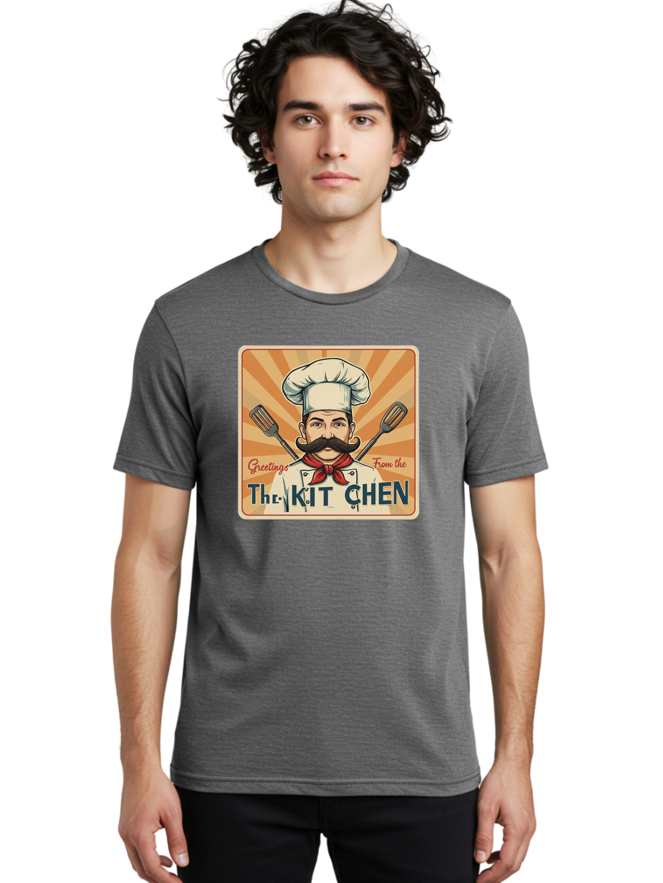 The-Kit-Chen Men'S Graphic Tee, 100% Cotton, Comfortable Casual Summer Wear, Machine Washable, Cartoon Chef, Mustachioed Man, Cooking Utensils, Kitchen Theme, Retro Style, Playful Graphics, Chef'S Hat, Red Neckerchief, Warm Colors, Bad835