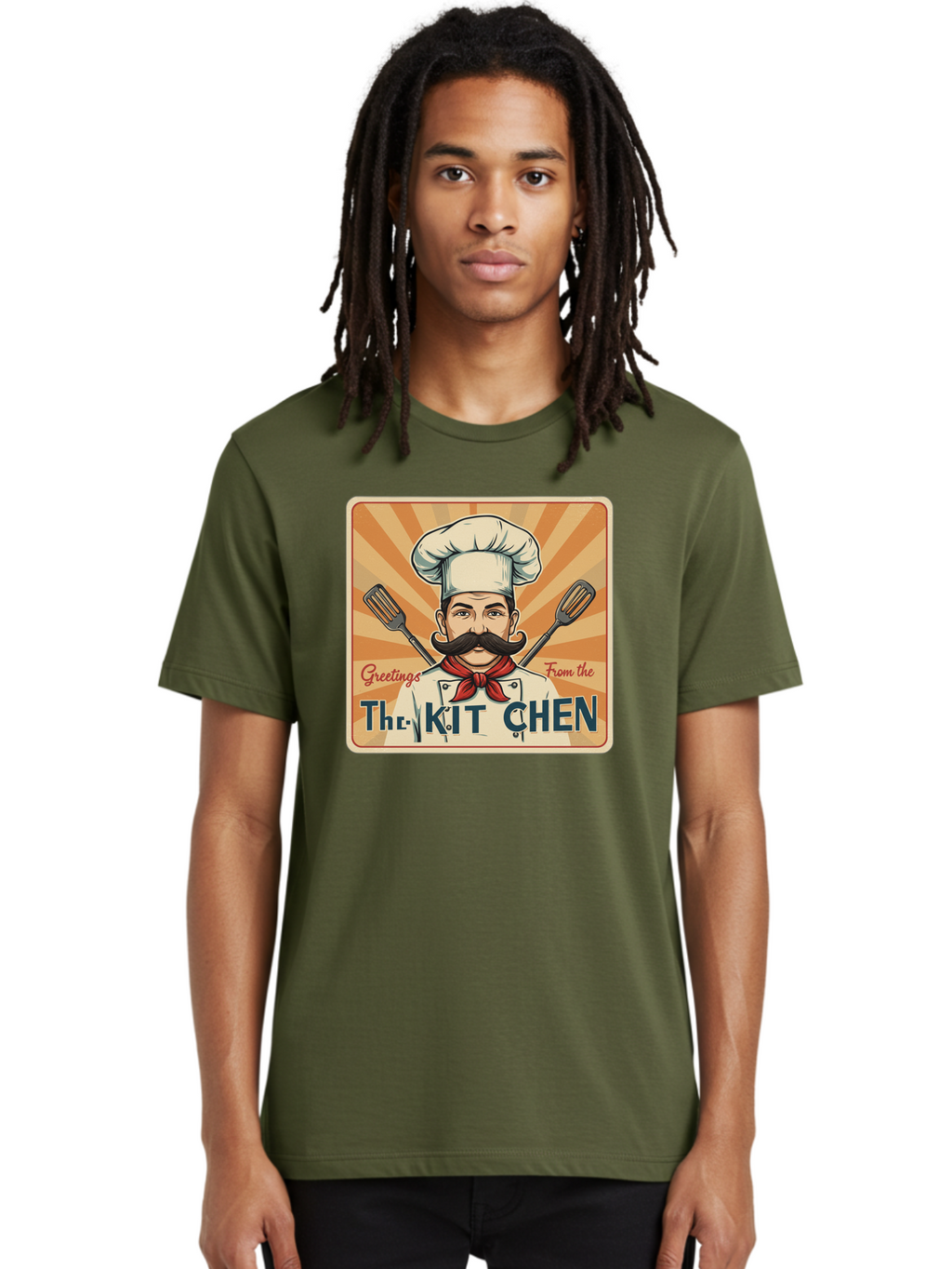 The-Kit-Chen Men'S Graphic Tee, 100% Cotton, Comfortable Casual Summer Wear, Machine Washable, Cartoon Chef, Mustachioed Man, Cooking Utensils, Kitchen Theme, Retro Style, Playful Graphics, Chef'S Hat, Red Neckerchief, Warm Colors, Bad835