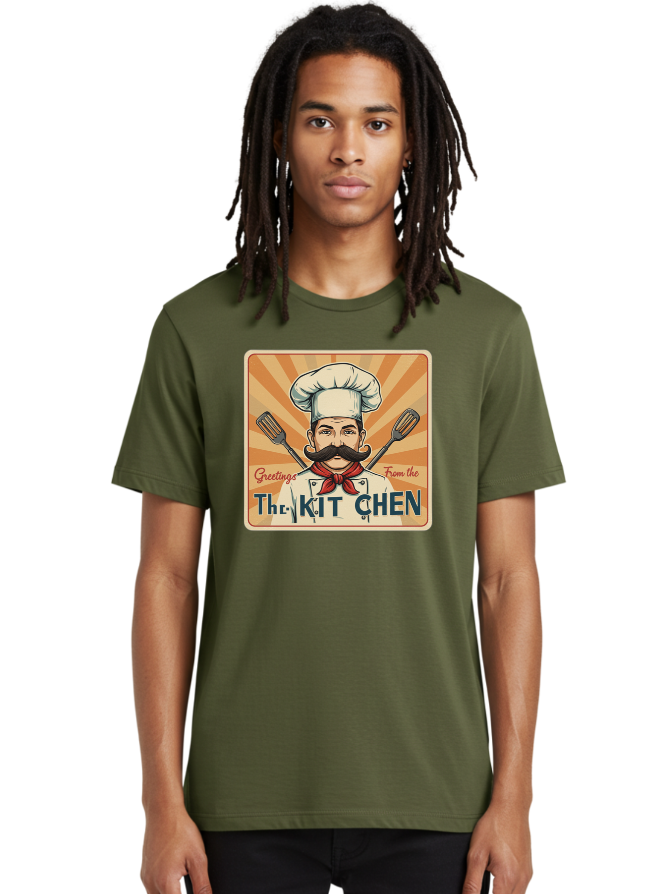The-Kit-Chen Men'S Graphic Tee, 100% Cotton, Comfortable Casual Summer Wear, Machine Washable, Cartoon Chef, Mustachioed Man, Cooking Utensils, Kitchen Theme, Retro Style, Playful Graphics, Chef'S Hat, Red Neckerchief, Warm Colors, Bad835