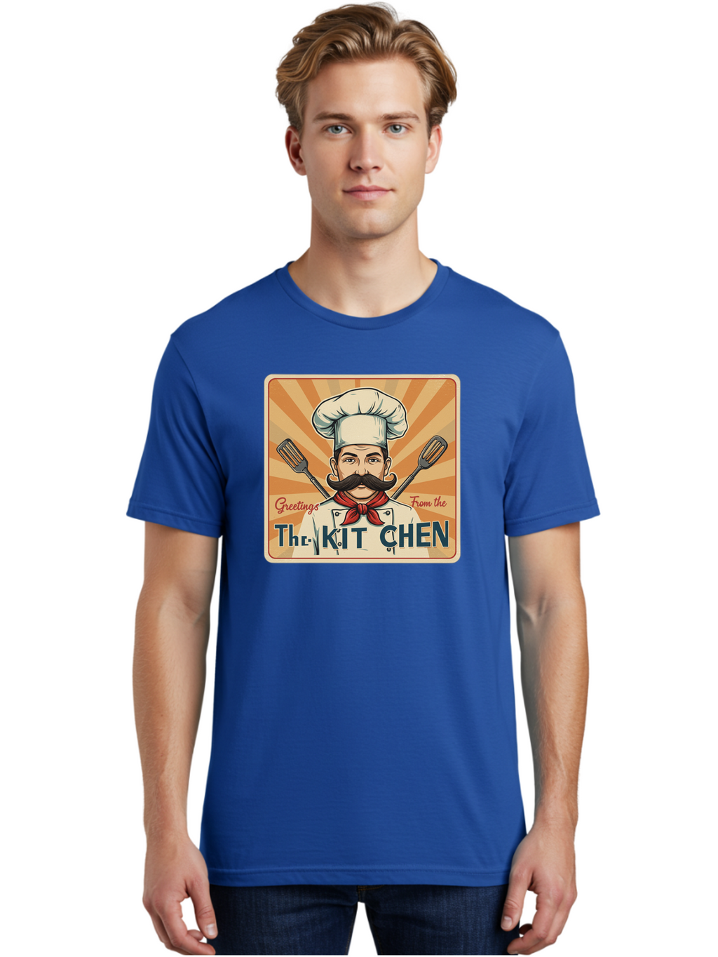 The-Kit-Chen Men'S Graphic Tee, 100% Cotton, Comfortable Casual Summer Wear, Machine Washable, Cartoon Chef, Mustachioed Man, Cooking Utensils, Kitchen Theme, Retro Style, Playful Graphics, Chef'S Hat, Red Neckerchief, Warm Colors, Bad835