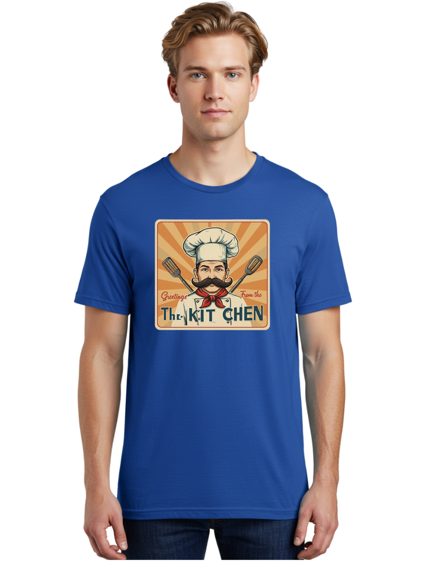 The-Kit-Chen Men'S Graphic Tee, 100% Cotton, Comfortable Casual Summer Wear, Machine Washable, Cartoon Chef, Mustachioed Man, Cooking Utensils, Kitchen Theme, Retro Style, Playful Graphics, Chef'S Hat, Red Neckerchief, Warm Colors, Bad835