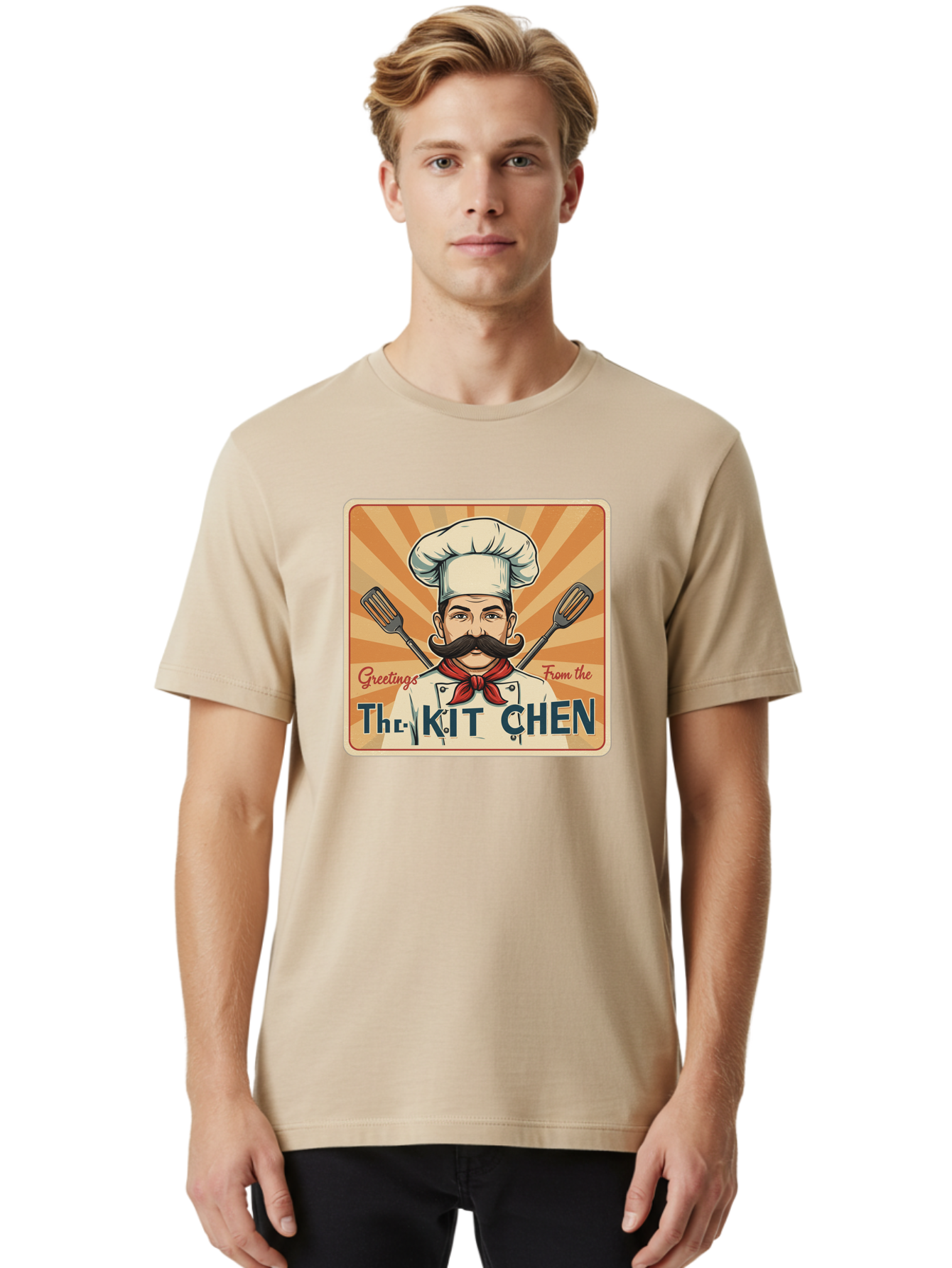 The-Kit-Chen Men'S Graphic Tee, 100% Cotton, Comfortable Casual Summer Wear, Machine Washable, Cartoon Chef, Mustachioed Man, Cooking Utensils, Kitchen Theme, Retro Style, Playful Graphics, Chef'S Hat, Red Neckerchief, Warm Colors, Bad835