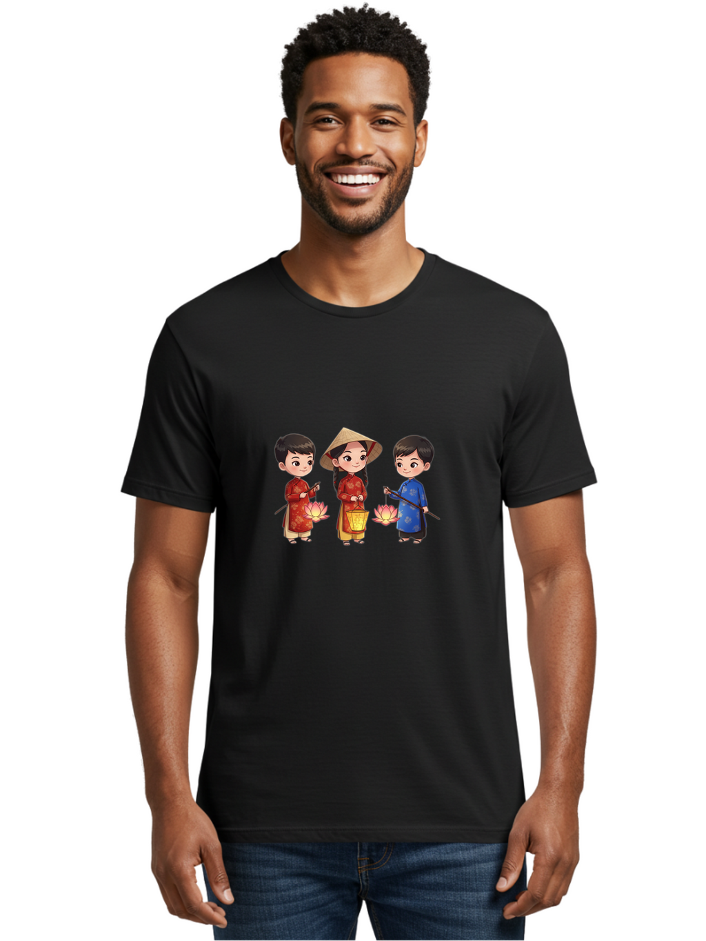 Three-Children-In-Traditional-Clothing Men'S Graphic Tee, 100% Cotton, Comfortable Casual Summer Wear, Machine Washable, Children In Traditional Vietnamese Clothing, Lotus Flowers, Conical Hat, Cultural Heritage, Traditional Attire, Bad836