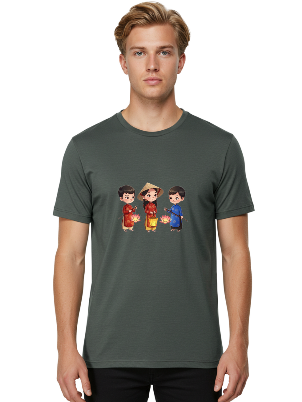 Three-Children-In-Traditional-Clothing Men'S Graphic Tee, 100% Cotton, Comfortable Casual Summer Wear, Machine Washable, Children In Traditional Vietnamese Clothing, Lotus Flowers, Conical Hat, Cultural Heritage, Traditional Attire, Bad836