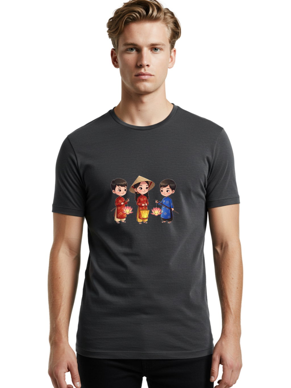 Three-Children-In-Traditional-Clothing Men'S Graphic Tee, 100% Cotton, Comfortable Casual Summer Wear, Machine Washable, Children In Traditional Vietnamese Clothing, Lotus Flowers, Conical Hat, Cultural Heritage, Traditional Attire, Bad836