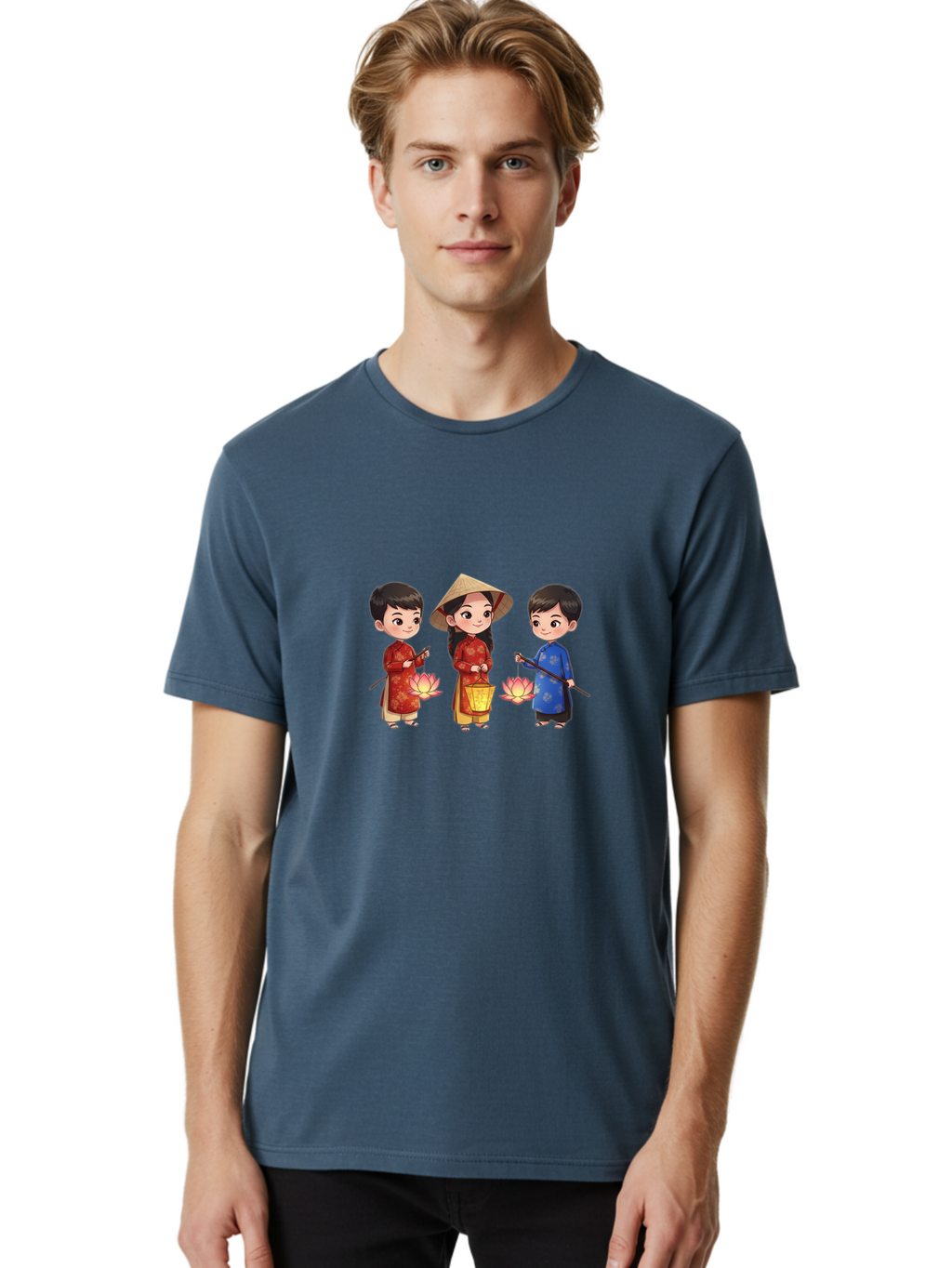 Three-Children-In-Traditional-Clothing Men'S Graphic Tee, 100% Cotton, Comfortable Casual Summer Wear, Machine Washable, Children In Traditional Vietnamese Clothing, Lotus Flowers, Conical Hat, Cultural Heritage, Traditional Attire, Bad836