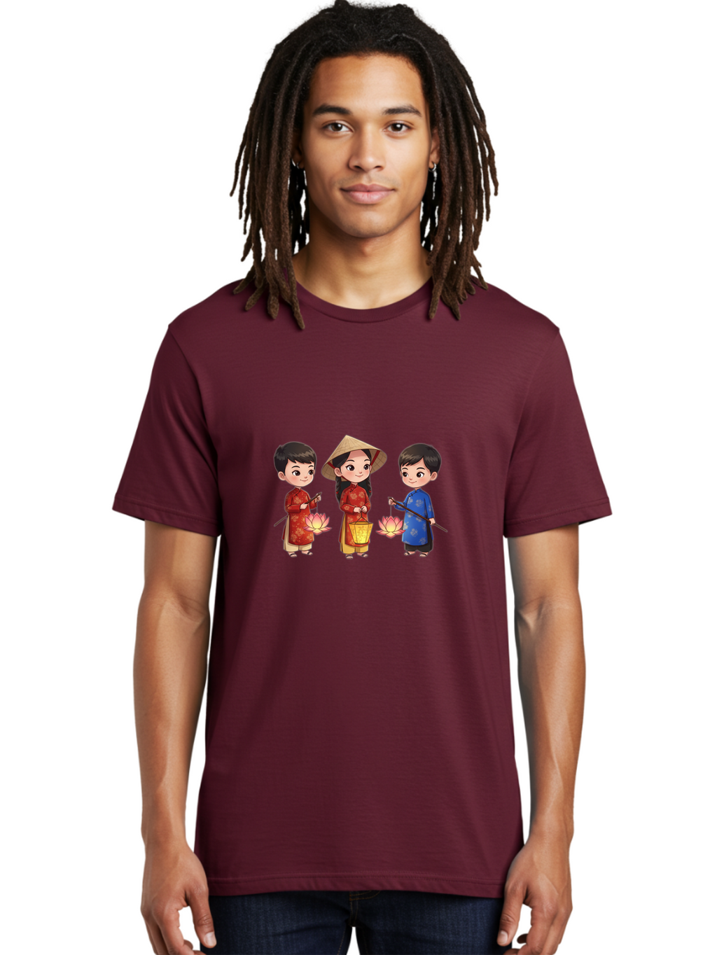Three-Children-In-Traditional-Clothing Men'S Graphic Tee, 100% Cotton, Comfortable Casual Summer Wear, Machine Washable, Children In Traditional Vietnamese Clothing, Lotus Flowers, Conical Hat, Cultural Heritage, Traditional Attire, Bad836