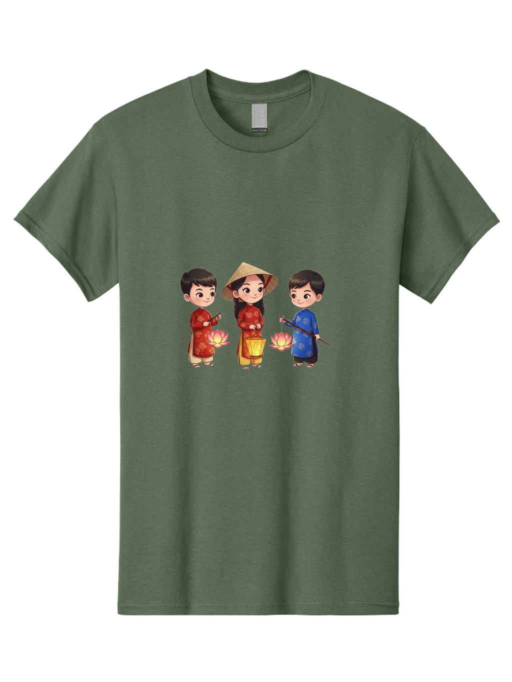 Three-Children-In-Traditional-Clothing Men'S Graphic Tee, 100% Cotton, Comfortable Casual Summer Wear, Machine Washable, Children In Traditional Vietnamese Clothing, Lotus Flowers, Conical Hat, Cultural Heritage, Traditional Attire, Bad836