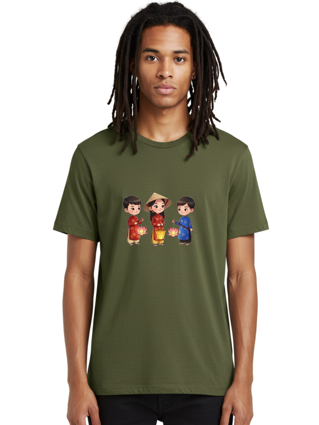 Three-Children-In-Traditional-Clothing Men'S Graphic Tee, 100% Cotton, Comfortable Casual Summer Wear, Machine Washable, Children In Traditional Vietnamese Clothing, Lotus Flowers, Conical Hat, Cultural Heritage, Traditional Attire, Bad836