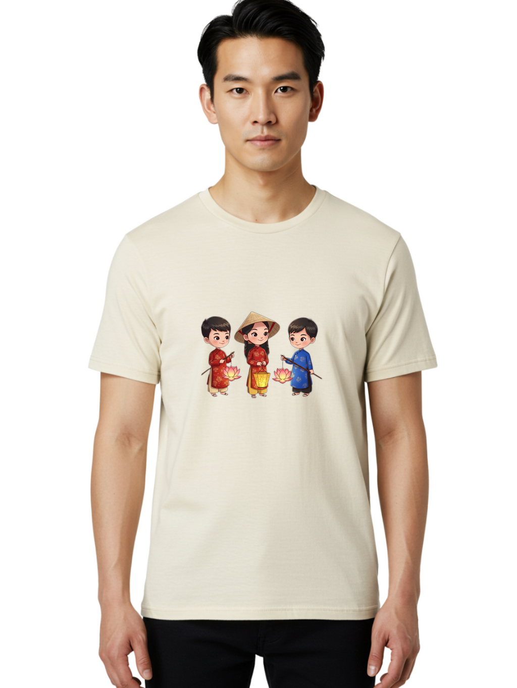 Three-Children-In-Traditional-Clothing Men'S Graphic Tee, 100% Cotton, Comfortable Casual Summer Wear, Machine Washable, Children In Traditional Vietnamese Clothing, Lotus Flowers, Conical Hat, Cultural Heritage, Traditional Attire, Bad836
