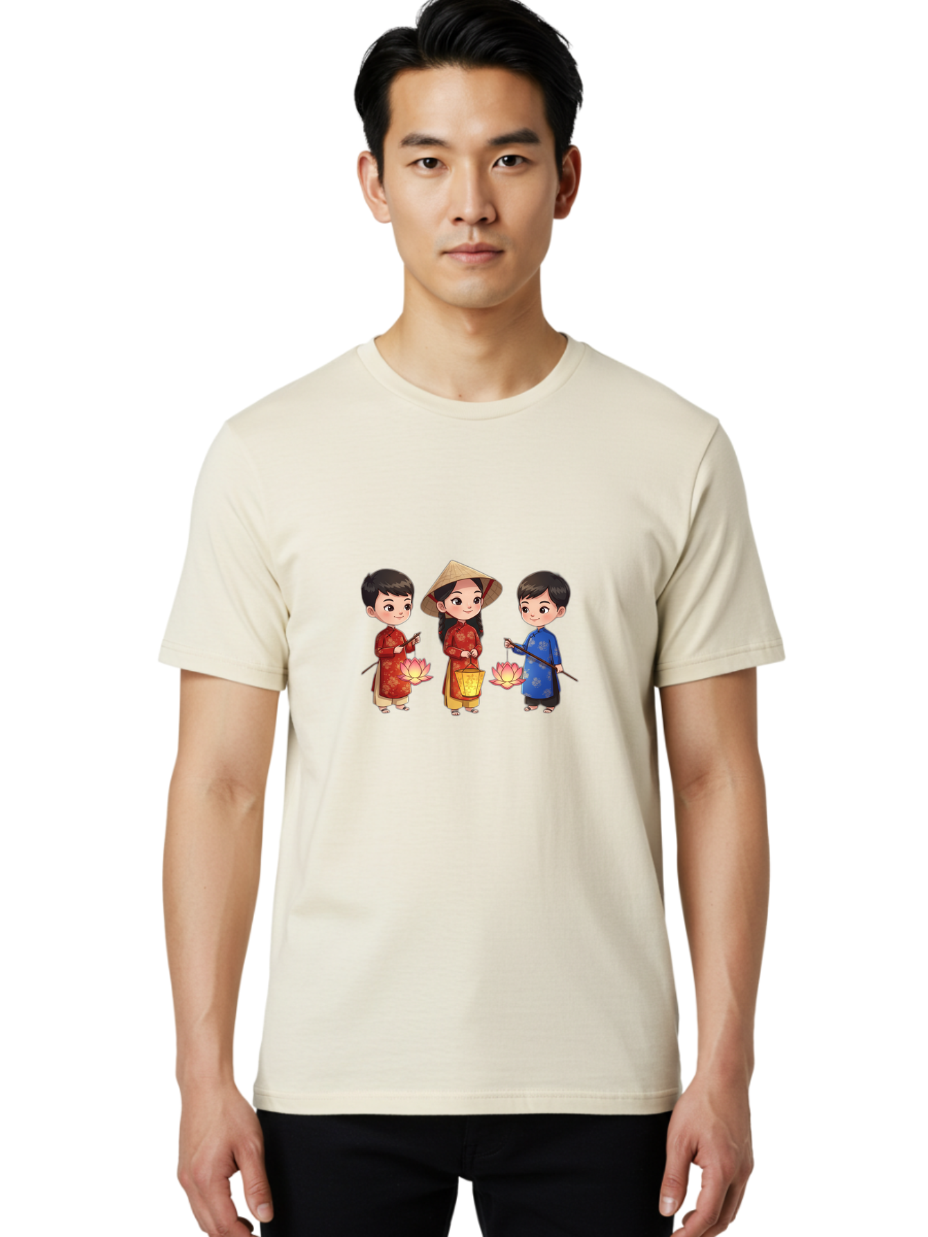 Three-Children-In-Traditional-Clothing Men'S Graphic Tee, 100% Cotton, Comfortable Casual Summer Wear, Machine Washable, Children In Traditional Vietnamese Clothing, Lotus Flowers, Conical Hat, Cultural Heritage, Traditional Attire, Bad836