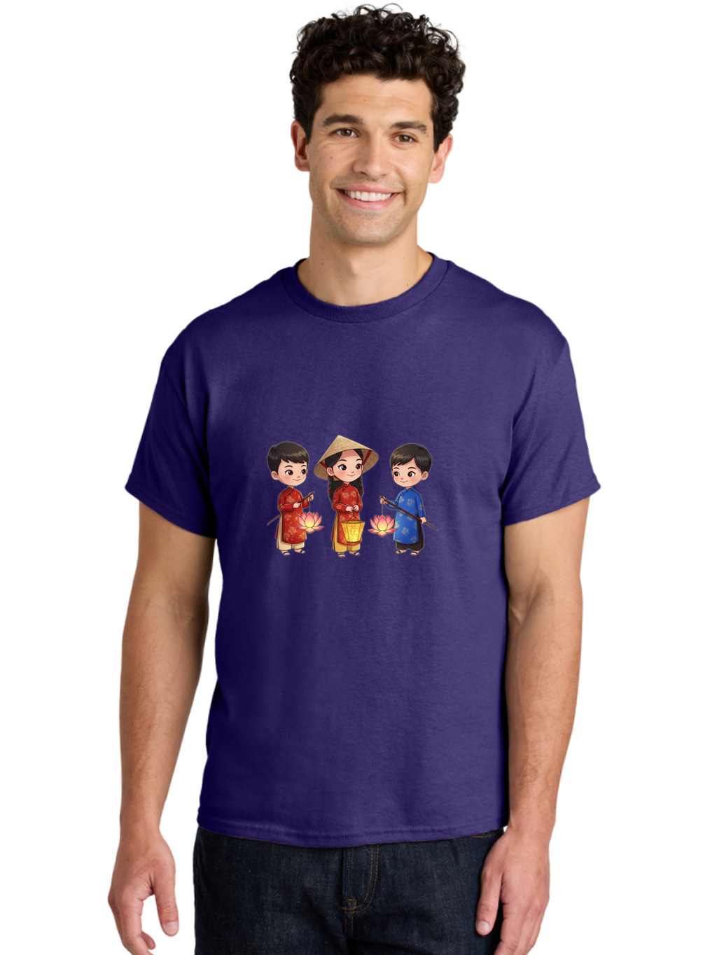 Three-Children-In-Traditional-Clothing Men'S Graphic Tee, 100% Cotton, Comfortable Casual Summer Wear, Machine Washable, Children In Traditional Vietnamese Clothing, Lotus Flowers, Conical Hat, Cultural Heritage, Traditional Attire, Bad836