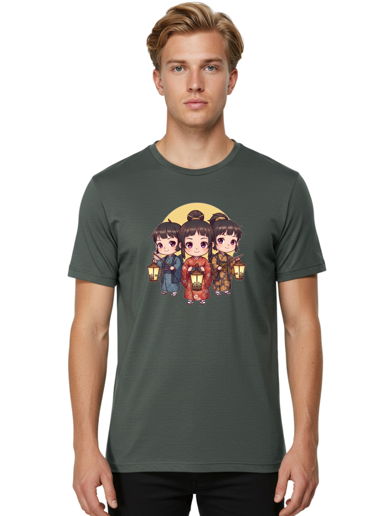 Three-Girls-In-Kimonos Men'S Graphic Tee, 100% Cotton, Comfortable Casual Summer Wear, Machine Washable, Children In Traditional Clothing, Holding Lanterns, Japanese Culture, Kimonos, Full Moon, Cartoon Illustration, Cute Kids, Bad837