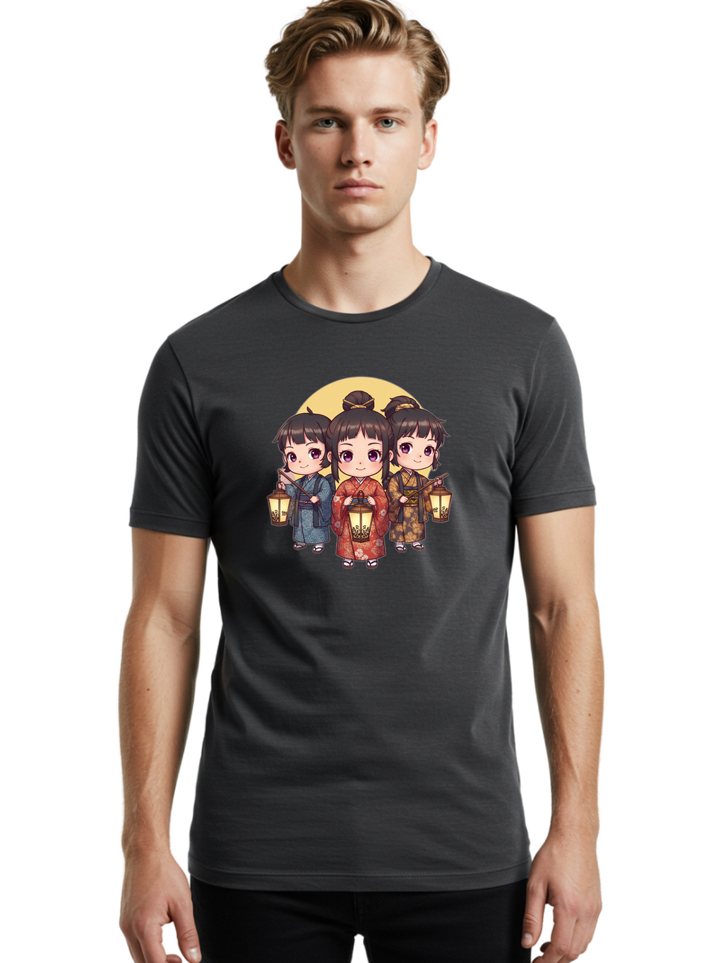 Three-Girls-In-Kimonos Men'S Graphic Tee, 100% Cotton, Comfortable Casual Summer Wear, Machine Washable, Children In Traditional Clothing, Holding Lanterns, Japanese Culture, Kimonos, Full Moon, Cartoon Illustration, Cute Kids, Bad837