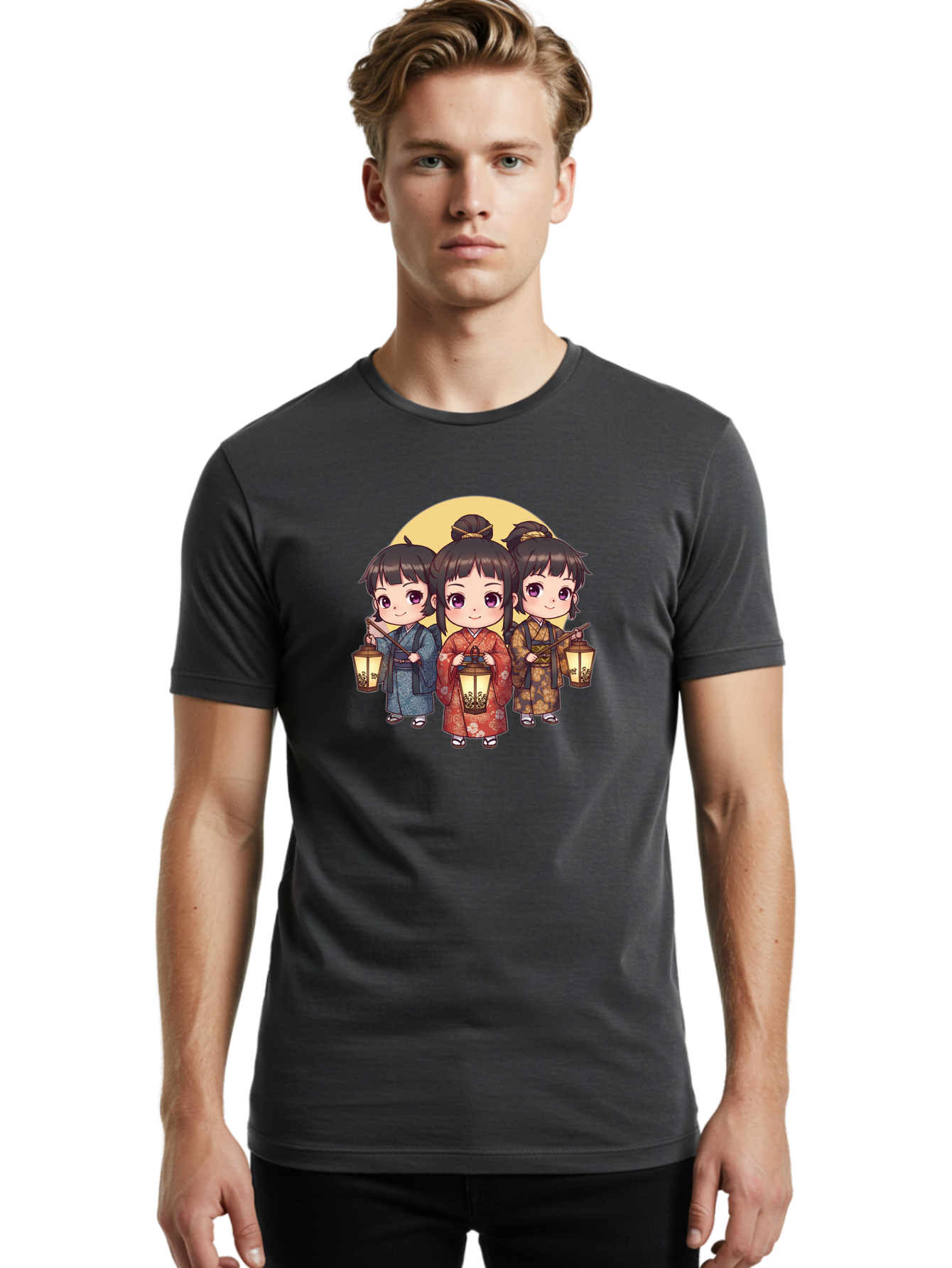 Three-Girls-In-Kimonos Men'S Graphic Tee, 100% Cotton, Comfortable Casual Summer Wear, Machine Washable, Children In Traditional Clothing, Holding Lanterns, Japanese Culture, Kimonos, Full Moon, Cartoon Illustration, Cute Kids, Bad837