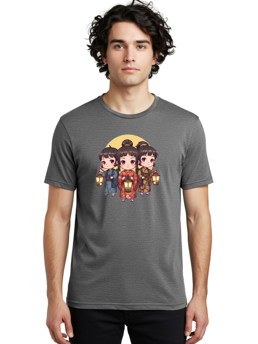 Three-Girls-In-Kimonos Men'S Graphic Tee, 100% Cotton, Comfortable Casual Summer Wear, Machine Washable, Children In Traditional Clothing, Holding Lanterns, Japanese Culture, Kimonos, Full Moon, Cartoon Illustration, Cute Kids, Bad837