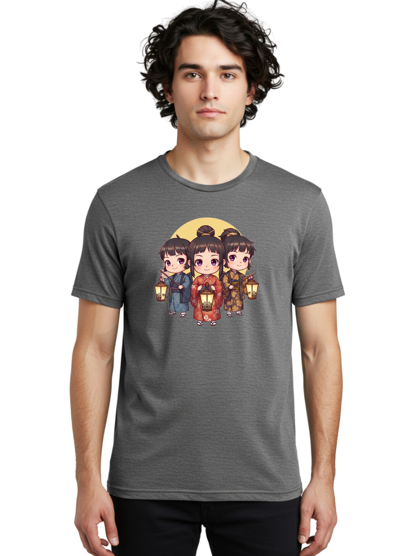 Three-Girls-In-Kimonos Men'S Graphic Tee, 100% Cotton, Comfortable Casual Summer Wear, Machine Washable, Children In Traditional Clothing, Holding Lanterns, Japanese Culture, Kimonos, Full Moon, Cartoon Illustration, Cute Kids, Bad837