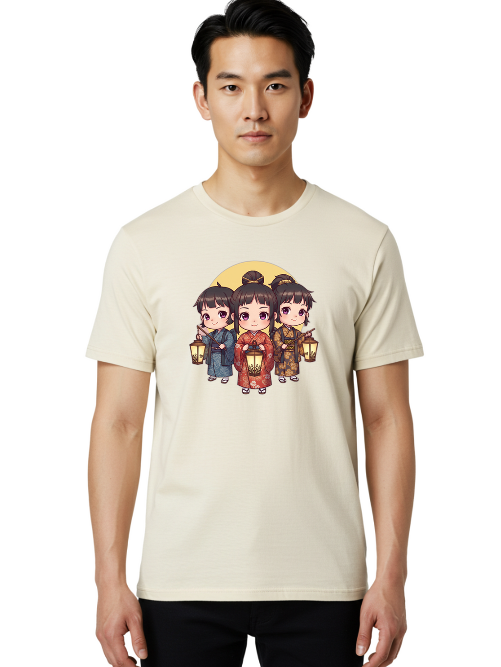Three-Girls-In-Kimonos Men'S Graphic Tee, 100% Cotton, Comfortable Casual Summer Wear, Machine Washable, Children In Traditional Clothing, Holding Lanterns, Japanese Culture, Kimonos, Full Moon, Cartoon Illustration, Cute Kids, Bad837