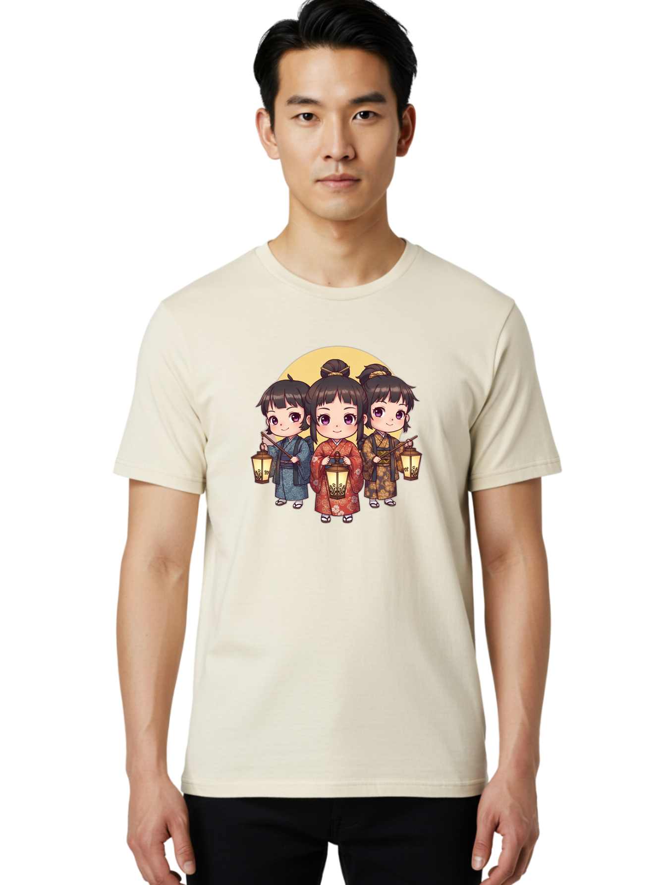Three-Girls-In-Kimonos Men'S Graphic Tee, 100% Cotton, Comfortable Casual Summer Wear, Machine Washable, Children In Traditional Clothing, Holding Lanterns, Japanese Culture, Kimonos, Full Moon, Cartoon Illustration, Cute Kids, Bad837