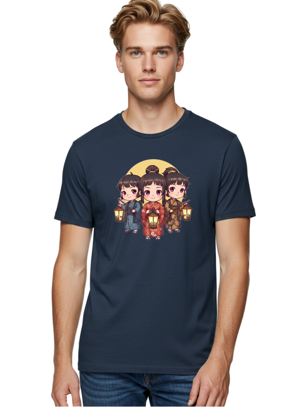 Three-Girls-In-Kimonos Men'S Graphic Tee, 100% Cotton, Comfortable Casual Summer Wear, Machine Washable, Children In Traditional Clothing, Holding Lanterns, Japanese Culture, Kimonos, Full Moon, Cartoon Illustration, Cute Kids, Bad837