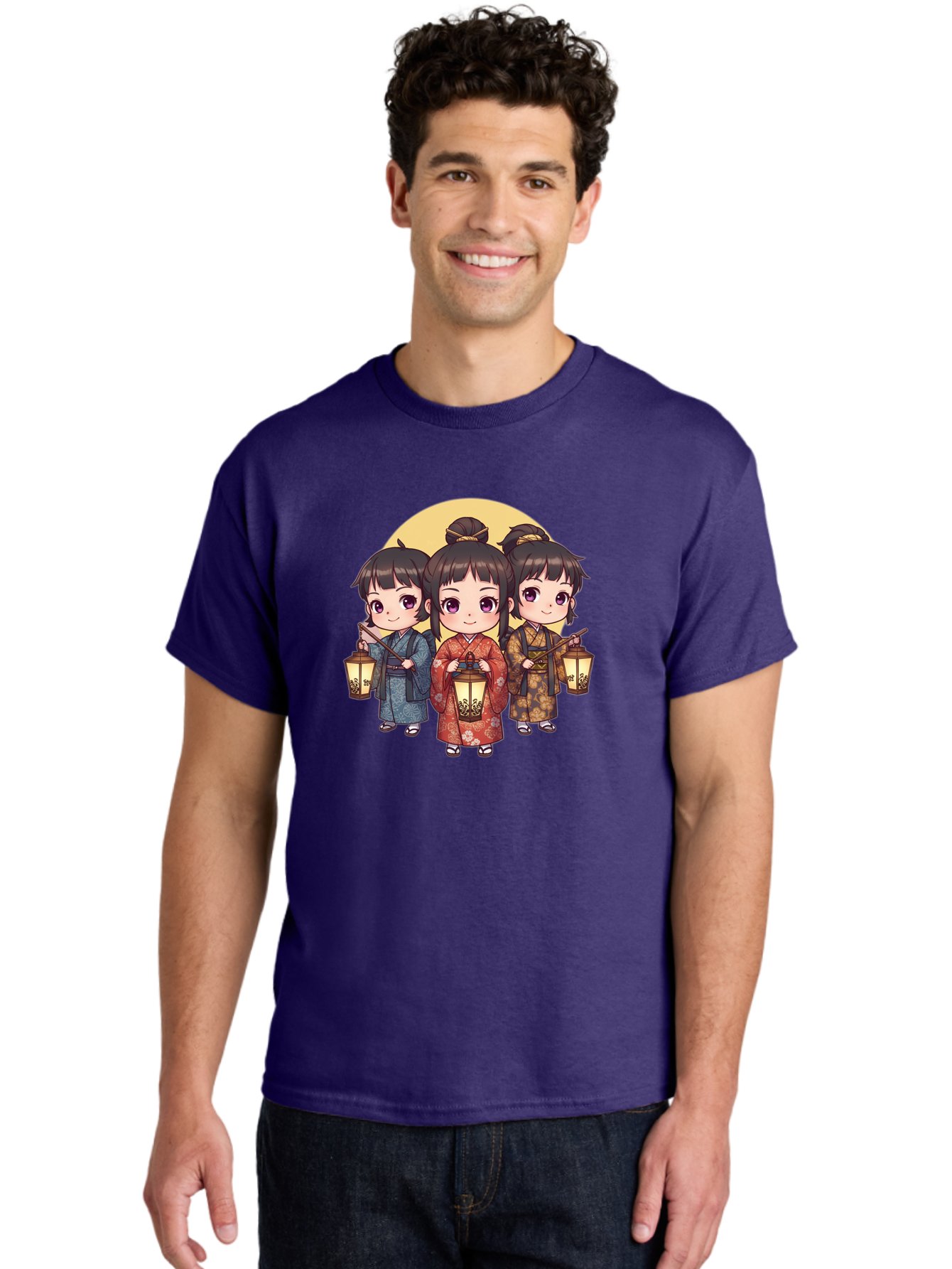 Three-Girls-In-Kimonos Men'S Graphic Tee, 100% Cotton, Comfortable Casual Summer Wear, Machine Washable, Children In Traditional Clothing, Holding Lanterns, Japanese Culture, Kimonos, Full Moon, Cartoon Illustration, Cute Kids, Bad837