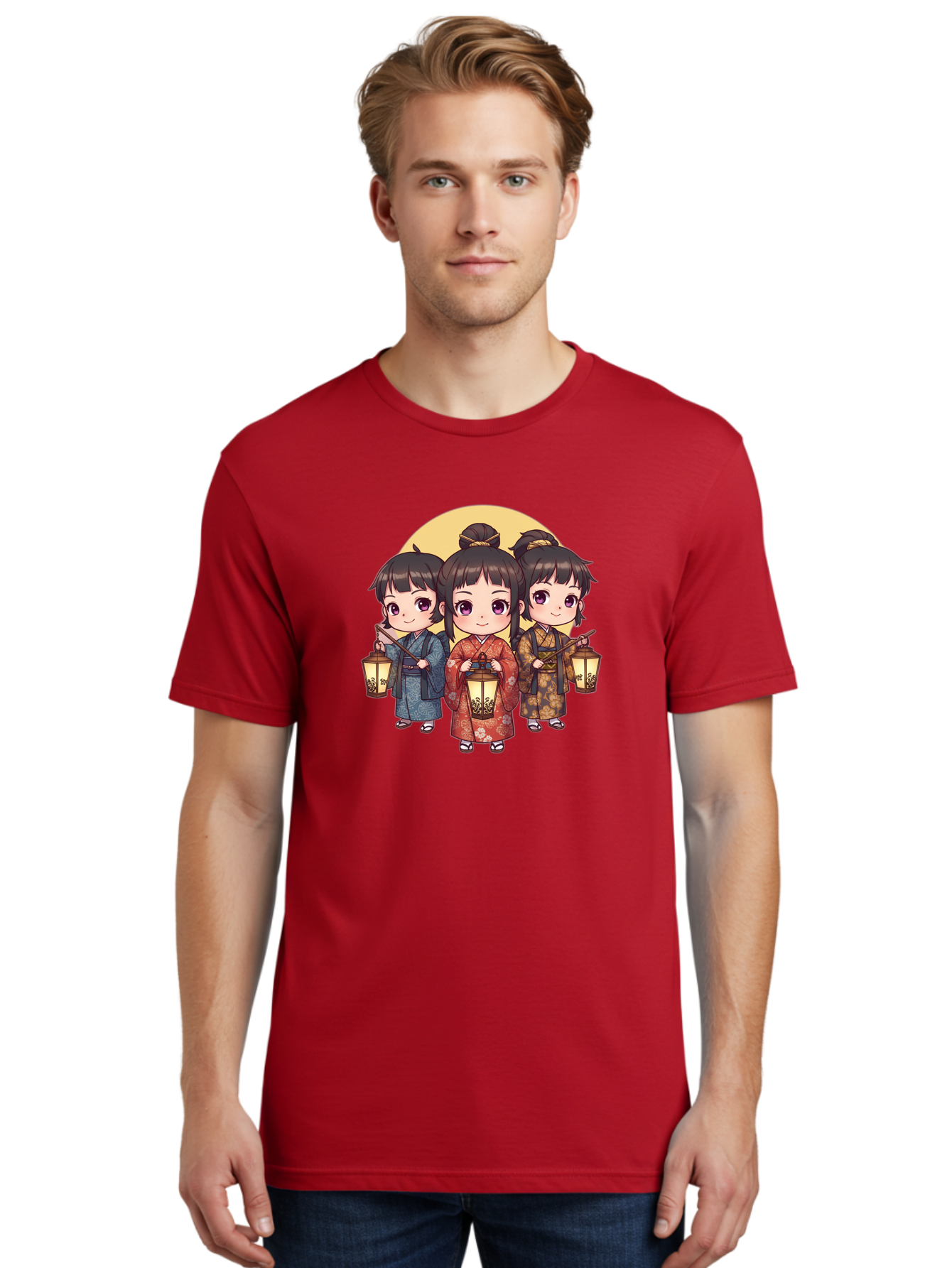 Three-Girls-In-Kimonos Men'S Graphic Tee, 100% Cotton, Comfortable Casual Summer Wear, Machine Washable, Children In Traditional Clothing, Holding Lanterns, Japanese Culture, Kimonos, Full Moon, Cartoon Illustration, Cute Kids, Bad837